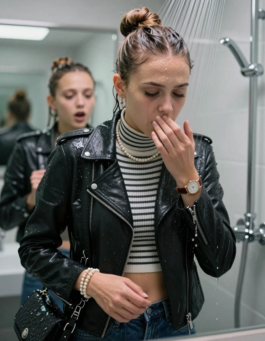 photo of young woman, in soaking wet, drenched clothes,
, , Biker leatherjacket, Tight Striped knit turtleneck sweater belly free, handbag, pearl necklace, bracelet, wristwatch, Under the shower, strong jet of water, modern mirrored bathroom, 
enjoying, wet clothes stuck to body,
detailed textures of the wet clothes, wet face, wet plastered hair,
wet, drenched, professional, high-quality details, full body view.
sharp focus, ultra-high pixel detail, realistic, high-quality, full colors, incredibly detailed, 4k, 8k, 16k, hyper-realistic, RAW photo, masterpiece, ultra-detailed, professionally color graded, professional photograph, Topknot

Two 15 years old  teenage girl

Only head and shoulders are over the surface visible. Open mouth, closed eyes. Looking down. Hold a hand on her mouth.

she is completely underwater up to her neck, afraid and astonished expression. 

her submerged clothes are hardly vusible under water, she soaked her handbag into the water

close up view, wet skin, wet clothes, wet hair, damp fabric, water runs down the clothes, wet skin, wet clothes, damp fabric., wet skin, wet clothes, damp fabric, wet skin, wet clothes, damp fabric, wet skin, wet clothes, damp fabric, wet skin, wet clothes, damp fabric, wet skin, wet clothes, damp fabric, wet skin, wet clothes, damp fabric, wet skin, wet clothes, damp fabric, wet skin, wet clothes, damp fabric