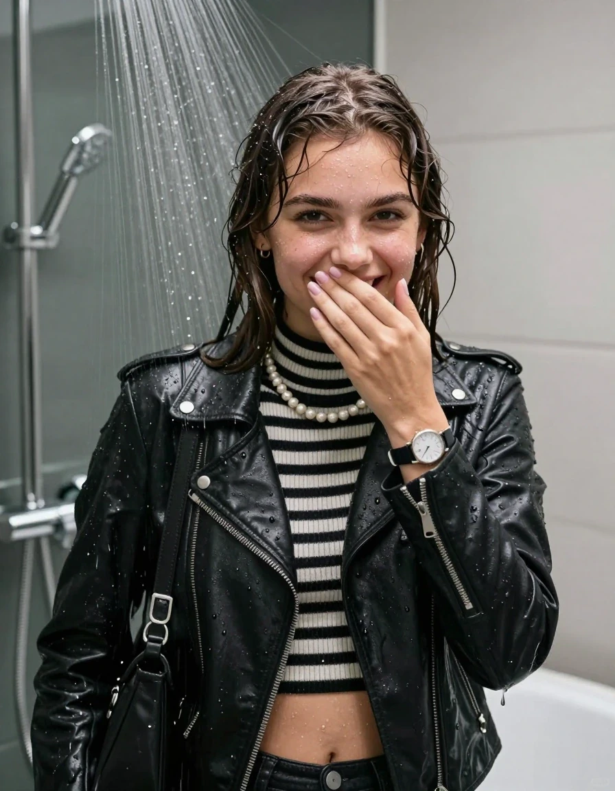 photo of young woman, in soaking wet, drenched clothes,
, , black biker leatherjacket,Striped knit turtleneck sweater belly free, handbag, pearl necklace, bracelet, wristwatch, Under the shower, strong jet of water, modern mirrored bathroom, 
enjoying, wet clothes stuck to body,
detailed textures of the wet clothes, wet face, wet plastered hair,
wet, drenched, professional, high-quality details, full body view.
sharp focus, ultra-high pixel detail, realistic, high-quality, full colors, incredibly detailed, 4k, 8k, 16k, hyper-realistic, RAW photo, masterpiece, ultra-detailed, professionally color graded, professional photograph, Sleek long bob with bangs

15 years old  teenage girl

Only head and shoulders are over the surface visible. Open mouth. Looking at camera. Hold her hand over her mouth.

she is completely underwater up to her neck, shy and awkward but she giggles anyways. 

her submerged clothes are hardly vusible under water, she soaked her handbag into the water

close up view, wet skin, wet clothes, wet hair, damp fabric, water runs down the clothes, wet skin, wet clothes, damp fabric., wet skin, wet clothes, damp fabric
