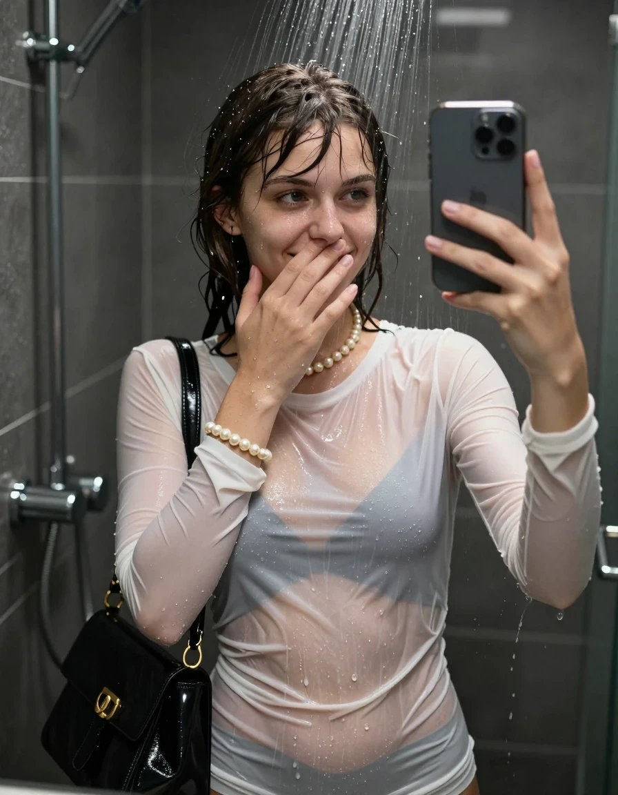 photo of young woman, in soaking wet, drenched clothes,
, ,  tight sexy longsleeve tshirt with wide neckline belly free, handbag, pearl necklace, bracelet, wristwatch, Under the shower, strong jet of water, modern mirrored bathroom, 
enjoying, wet clothes stuck to body,
detailed textures of the wet clothes, wet face, wet plastered hair,
wet, drenched, professional, high-quality details, full body view.
sharp focus, ultra-high pixel detail, realistic, high-quality, full colors, incredibly detailed, 4k, 8k, 16k, hyper-realistic, RAW photo, masterpiece, ultra-detailed, professionally color graded, professional photograph, Blunt bob with bangs

15 years old  teenage girl

Only head and shoulders are over the surface visible. Open mouth. Looking slightly at camera. Cover her mouth and nose with a hand. Take a Selfie with her Smartphone.

she is completely underwater up to her neck, shy and awkward but she giggles anyways.

her submerged clothes are hardly vusible under water, she soaked her handbag into the water

close up view, wet skin, wet clothes, wet hair, damp fabric, water runs down the clothes, wet skin, wet clothes, damp fabric., wet skin, wet clothes, damp fabric, wet skin, wet clothes, damp fabric, wet skin, wet clothes, damp fabric, wet skin, wet clothes, damp fabric, wet skin, wet clothes, damp fabric