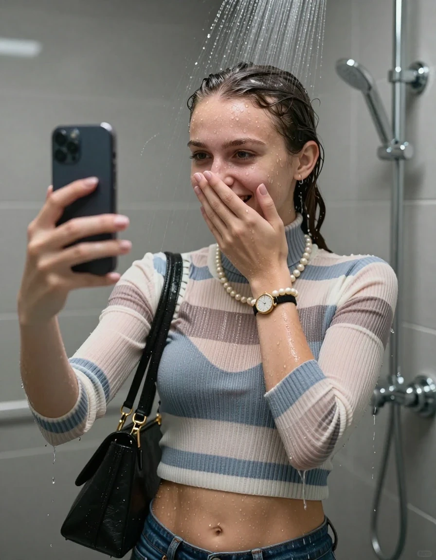 photo of young woman, in soaking wet, drenched clothes,
, ,  tight striped knit turtleneck sweater belly free, handbag, pearl necklace, bracelet, wristwatch, Under the shower, strong jet of water, modern mirrored bathroom, 
enjoying, wet clothes stuck to body,
detailed textures of the wet clothes, wet face, wet plastered hair,
wet, drenched, professional, high-quality details, full body view.
sharp focus, ultra-high pixel detail, realistic, high-quality, full colors, incredibly detailed, 4k, 8k, 16k, hyper-realistic, RAW photo, masterpiece, ultra-detailed, professionally color graded, professional photograph, Flipped high ponytail 

15 years old  teenage girl

Only head and shoulders are over the surface visible. Open mouth. Looking slightly at camera. Cover her mouth and nose with a hand. Take a Selfie with her Smartphone.

she is completely underwater up to her neck, shy and awkward but she giggles anyways.

her submerged clothes are hardly vusible under water, she soaked her handbag into the water

close up view, wet skin, wet clothes, wet hair, damp fabric, water runs down the clothes, wet skin, wet clothes, damp fabric., wet skin, wet clothes, damp fabric, wet skin, wet clothes, damp fabric, wet skin, wet clothes, damp fabric, wet skin, wet clothes, damp fabric, wet skin, wet clothes, damp fabric