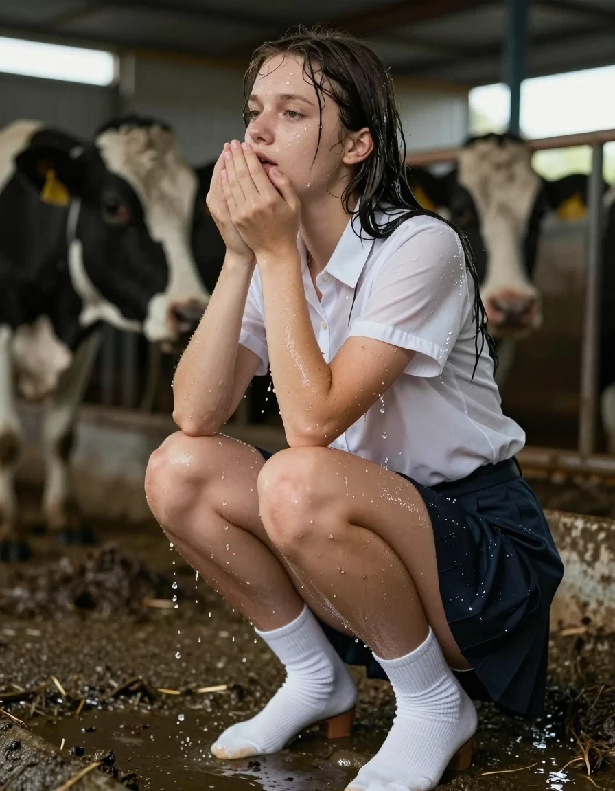 photo of young woman, in soaking wet, drenched clothes,
whit socks, mini skirt, white blouse, schoolgirl outfit, inside dirty cowbarn, 
enjoying, wet clothes stuck to body,
detailed textures of the wet clothes, wet face, wet plastered hair,
wet, drenched, professional, high-quality details, full body view.
sharp focus, ultra-high pixel detail, realistic, high-quality, full colors, incredibly detailed, 4k, 8k, 16k, hyper-realistic, RAW photo, masterpiece, ultra-detailed, professionally color graded, professional photograph, wet skin, wet clothes, damp fabric