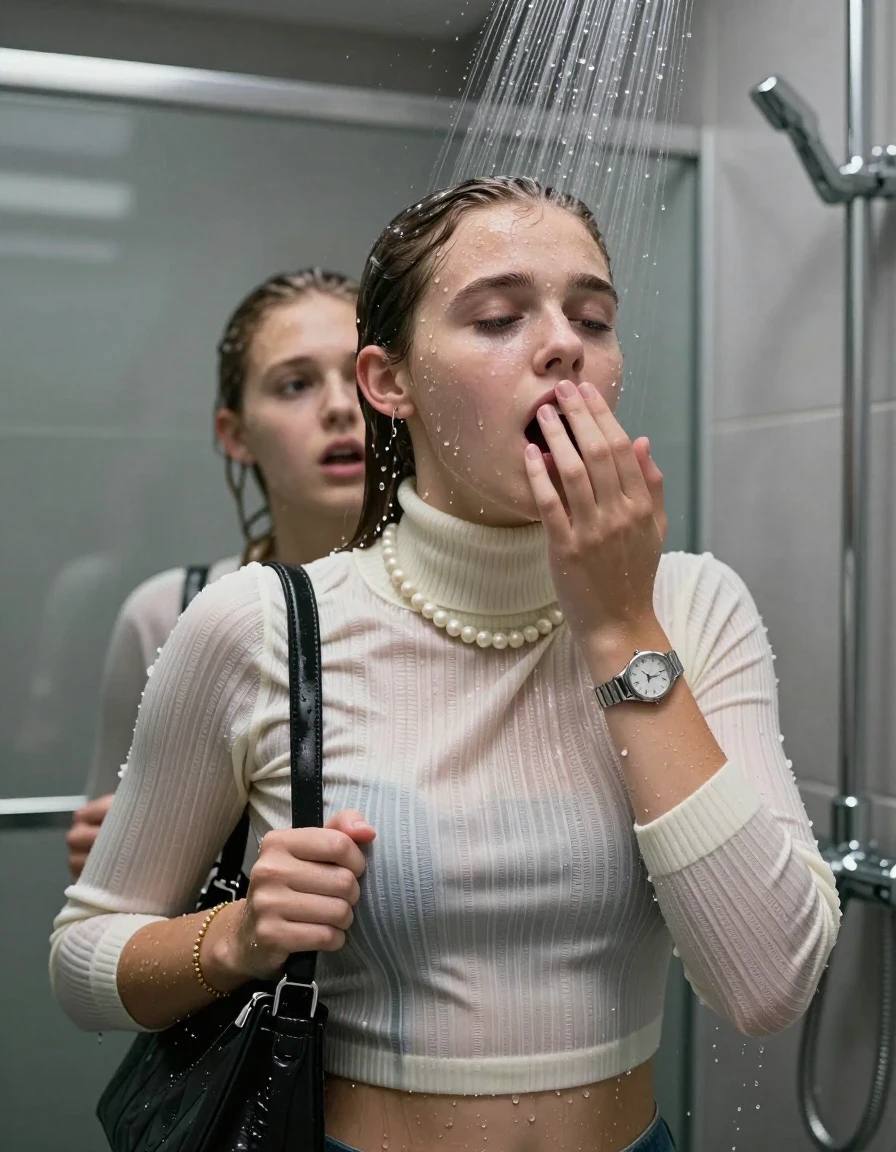 photo of young woman, in soaking wet, drenched clothes,
, , Tight Striped knit turtleneck sweater belly free, handbag, pearl necklace, bracelet, wristwatch, Under the shower, strong jet of water, modern mirrored bathroom, 
enjoying, wet clothes stuck to body,
detailed textures of the wet clothes, wet face, wet plastered hair,
wet, drenched, professional, high-quality details, full body view.
sharp focus, ultra-high pixel detail, realistic, high-quality, full colors, incredibly detailed, 4k, 8k, 16k, hyper-realistic, RAW photo, masterpiece, ultra-detailed, professionally color graded, professional photograph, Topknot

Two 15 years old  teenage girl

Only head and shoulders are over the surface visible. Open mouth, closed eyes. Looking up. Hold a hand on her mouth.

she is completely underwater up to her neck, afraid and astonished expression. 

her submerged clothes are hardly vusible under water, she soaked her handbag into the water

close up view, wet skin, wet clothes, wet hair, damp fabric, water runs down the clothes, wet skin, wet clothes, damp fabric., wet skin, wet clothes, damp fabric, wet skin, wet clothes, damp fabric, wet skin, wet clothes, damp fabric, wet skin, wet clothes, damp fabric, wet skin, wet clothes, damp fabric, wet skin, wet clothes, damp fabric, wet skin, wet clothes, damp fabric, wet skin, wet clothes, damp fabric