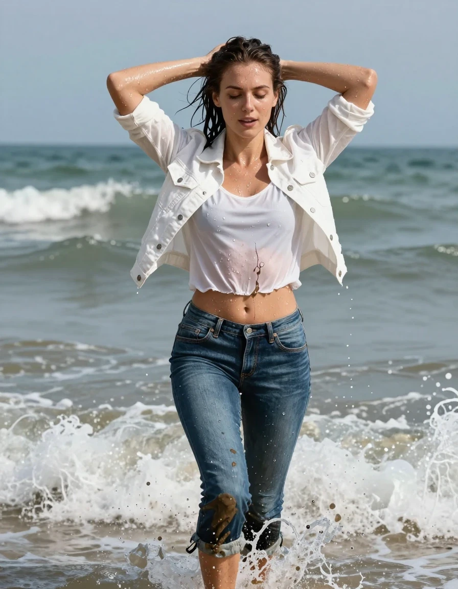 photo of young woman, in soaking wet, drenched clothes,
Jeans,  sehr kurze jeansjacke weiße kurze bluse, Beach muddy, 
enjoying, wet clothes stuck to body,
detailed textures of the wet clothes, wet face, wet plastered hair,
wet, drenched, professional, high-quality details, full body view.
sharp focus, ultra-high pixel detail, realistic, high-quality, full colors, incredibly detailed, 4k, 8k, 16k, hyper-realistic, RAW photo, masterpiece, ultra-detailed, professionally color graded, professional photograph, Running into wave fun Arms over her head, wet skin, wet clothes, damp fabric