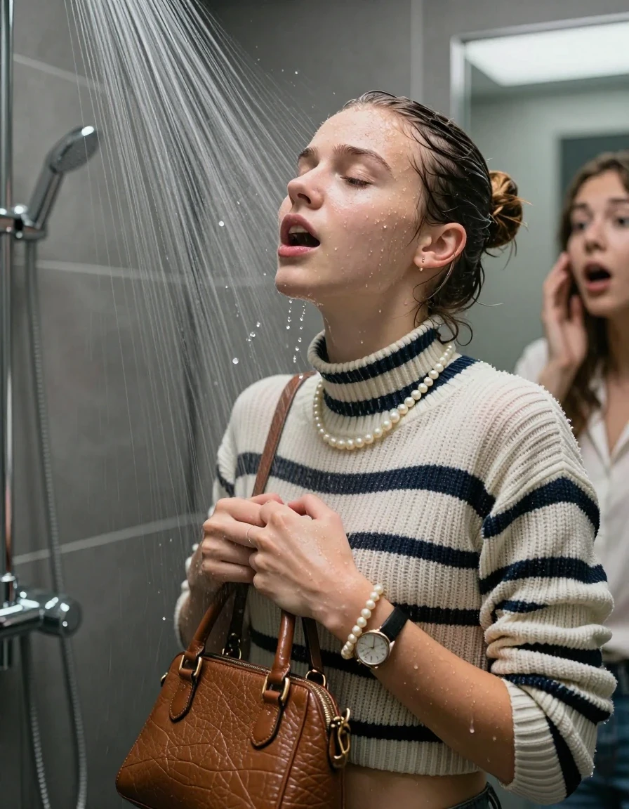 photo of young woman, in soaking wet, drenched clothes,
, , Striped knit turtleneck sweater belly free, handbag, pearl necklace, bracelet, wristwatch, Under the shower, strong jet of water, modern mirrored bathroom, her friend watch her shocked, 
enjoying, wet clothes stuck to body,
detailed textures of the wet clothes, wet face, wet plastered hair,
wet, drenched, professional, high-quality details, full body view.
sharp focus, ultra-high pixel detail, realistic, high-quality, full colors, incredibly detailed, 4k, 8k, 16k, hyper-realistic, RAW photo, masterpiece, ultra-detailed, professionally color graded, professional photograph, Topknot

15 years old  teenage girl

Only head and shoulders are over the surface visible. Open mouth, closed eyes. Looking up.

she is completely underwater up to her neck, afraid and astonished expression. 

her submerged clothes are hardly vusible under water, she soaked her handbag into the water

close up view, wet skin, wet clothes, wet hair, damp fabric, water runs down the clothes, wet skin, wet clothes, damp fabric., wet skin, wet clothes, damp fabric, wet skin, wet clothes, damp fabric, wet skin, wet clothes, damp fabric, wet skin, wet clothes, damp fabric, wet skin, wet clothes, damp fabric, wet skin, wet clothes, damp fabric