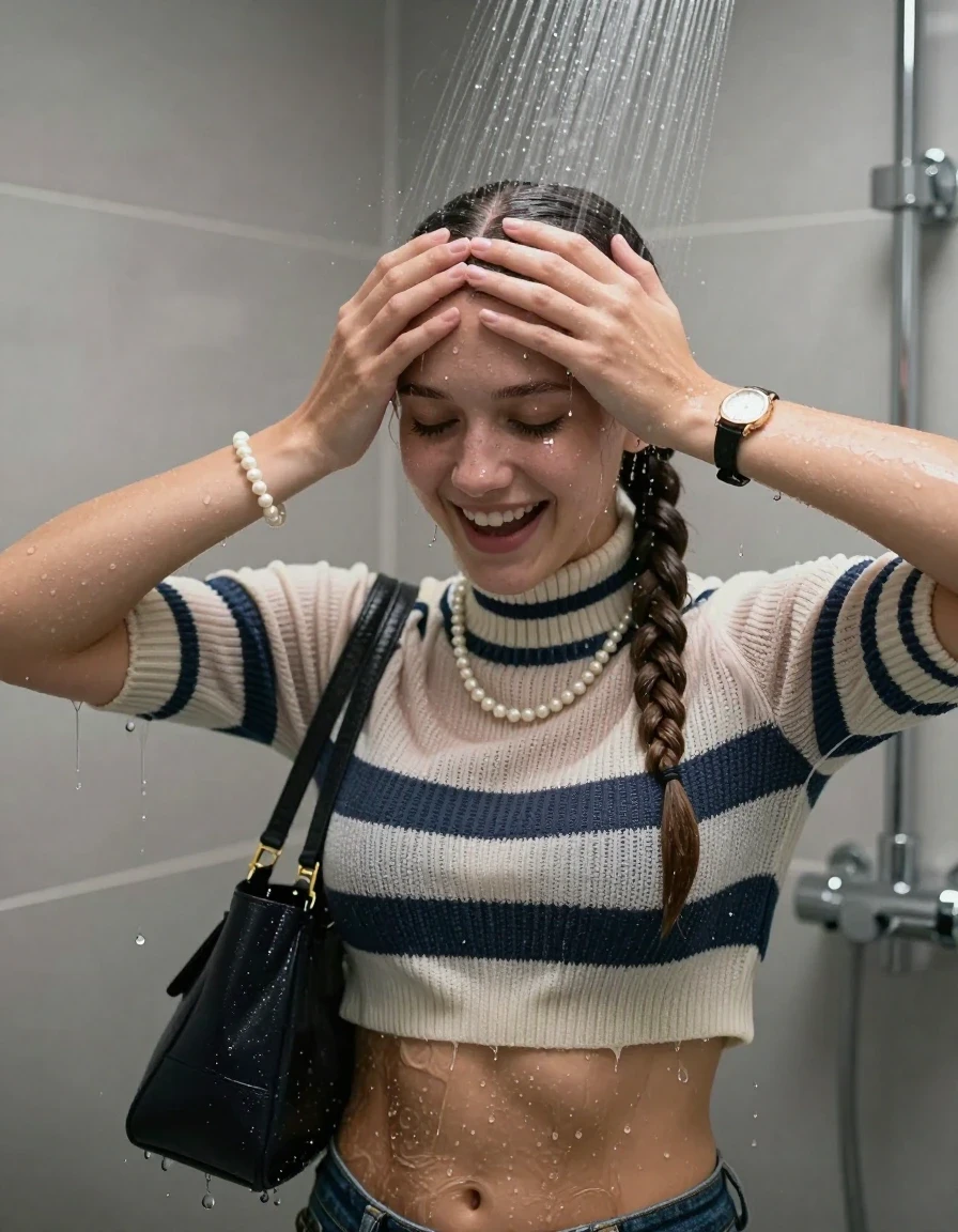 photo of young woman, in soaking wet, drenched clothes,
, , Striped knit turtleneck sweater belly free, handbag, pearl necklace, bracelet, wristwatch, Under the shower, strong jet of water, modern mirrored bathroom, 
enjoying, wet clothes stuck to body,
detailed textures of the wet clothes, wet face, wet plastered hair,
wet, drenched, professional, high-quality details, full body view.
sharp focus, ultra-high pixel detail, realistic, high-quality, full colors, incredibly detailed, 4k, 8k, 16k, hyper-realistic, RAW photo, masterpiece, ultra-detailed, professionally color graded, professional photograph, Sleek Boxer braids 

15 years old  teenage girl

Only head and shoulders are over the surface visible. Open mouth, closed eyes. Looking down. Hold her hands over her forehead.

she is completely underwater up to her neck, shy and awkward but she giggles anyways. 

her submerged clothes are hardly vusible under water, she soaked her handbag into the water

close up view, wet skin, wet clothes, wet hair, damp fabric, water runs down the clothes, wet skin, wet clothes., wet skin, wet clothes, damp fabric
