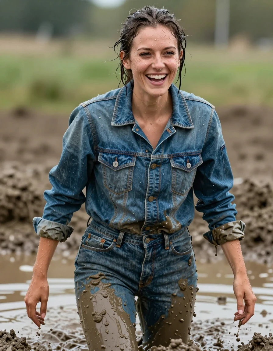 photo of young woman, in soaking wet, drenched clothes,
Levis jacket, Levis, Muddy pool, 
enjoying, wet clothes stuck to body,
detailed textures of the wet clothes, wet face, wet plastered hair,
wet, drenched, professional, high-quality details, full body view.
sharp focus, ultra-high pixel detail, realistic, high-quality, full colors, incredibly detailed, 4k, 8k, 16k, hyper-realistic, RAW photo, masterpiece, ultra-detailed, professionally color graded, professional photograph, Lauthing muddy clothes, wet skin, wet clothes, damp fabric