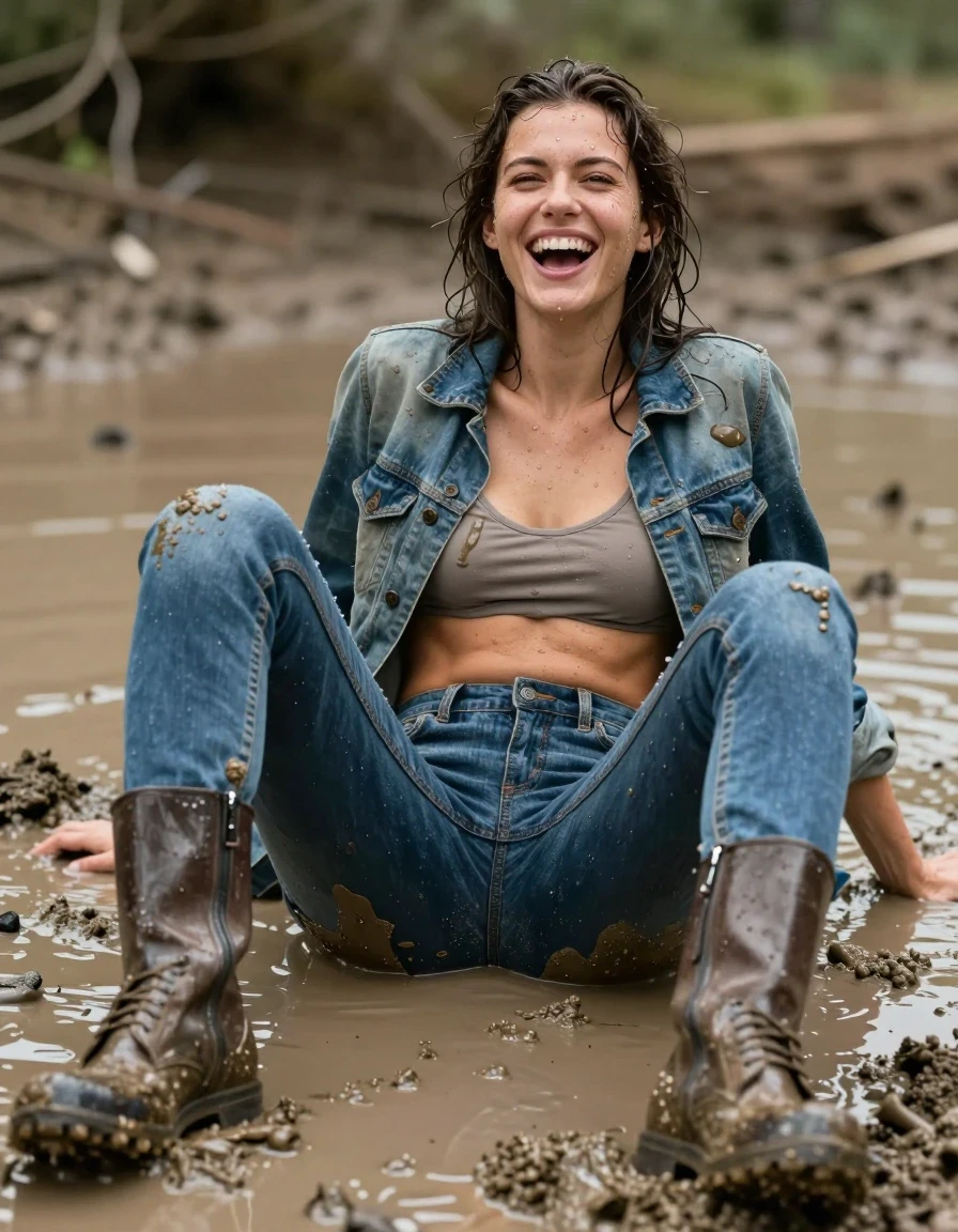 photo of young woman, in soaking wet, drenched clothes,
Boots, Levis  jeans, Levis Open jacket, Muddy pool lying dive pee of, 
enjoying, wet clothes stuck to body,
detailed textures of the wet clothes, wet face, wet plastered hair,
wet, drenched, professional, high-quality details, full body view.
sharp focus, ultra-high pixel detail, realistic, high-quality, full colors, incredibly detailed, 4k, 8k, 16k, hyper-realistic, RAW photo, masterpiece, ultra-detailed, professionally color graded, professional photograph, Lauthing muddy clothes, wet skin, wet clothes, damp fabric