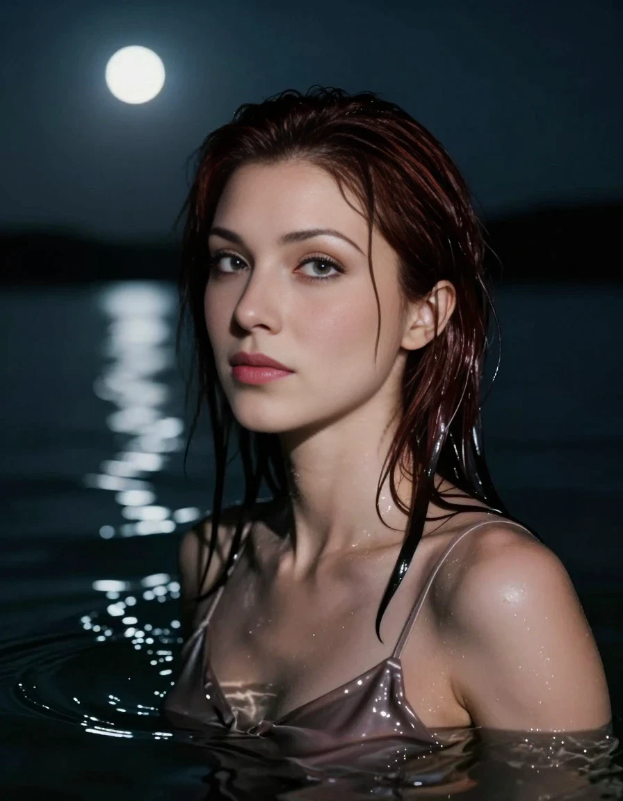 A close-up vertical fashion photograph of an adult woman with shoulder-length dark auburn hair, captured from the chest up in a dark, calm lake at night. Her hair is completely drenched and slicked back, glistening under the bright, ethereal moonlight that reflects off the water's surface. Her expression is serene and peaceful, with the moonlight catching the light in her eyes. The water is dark and rippling, framing her shoulders, with the silky fabric of her loungewear dress visible just beneath the surface, clinging to her skin as it gets soaked. The focus is sharp on her face, highlighting the wet, dark auburn strands of her hair in a high-quality, cinematic portrait style. The depicted adult woman has shoulder-length dark auburn hair. Show her face clearly toward the camera at a mild three-quarter angle, large enough for a natural portrait face reference.