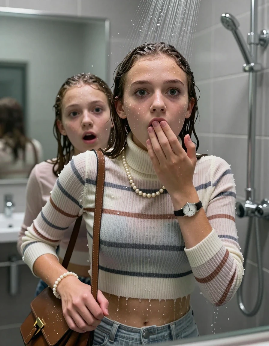 photo of young woman, in soaking wet, drenched clothes,
, , Tight Striped knit turtleneck sweater belly free, handbag, pearl necklace, bracelet, wristwatch, Under the shower, strong jet of water, modern mirrored bathroom, 
enjoying, wet clothes stuck to body,
detailed textures of the wet clothes, wet face, wet plastered hair,
wet, drenched, professional, high-quality details, full body view.
sharp focus, ultra-high pixel detail, realistic, high-quality, full colors, incredibly detailed, 4k, 8k, 16k, hyper-realistic, RAW photo, masterpiece, ultra-detailed, professionally color graded, professional photograph, Collarbone bob

Two 15 years old  teenage girl

Only head and shoulders are over the surface visible. Open mouth, big eyes. Looking at camera. Hold a hand on her mouth.

she is completely underwater up to her neck, afraid and astonished expression. 

her submerged clothes are hardly vusible under water, she soaked her handbag into the water

close up view, wet skin, wet clothes, wet hair, damp fabric, water runs down the clothes, wet skin, wet clothes, damp fabric., wet skin, wet clothes, damp fabric, wet skin, wet clothes, damp fabric, wet skin, wet clothes, damp fabric, wet skin, wet clothes, damp fabric, wet skin, wet clothes, damp fabric, wet skin, wet clothes, damp fabric, wet skin, wet clothes, damp fabric