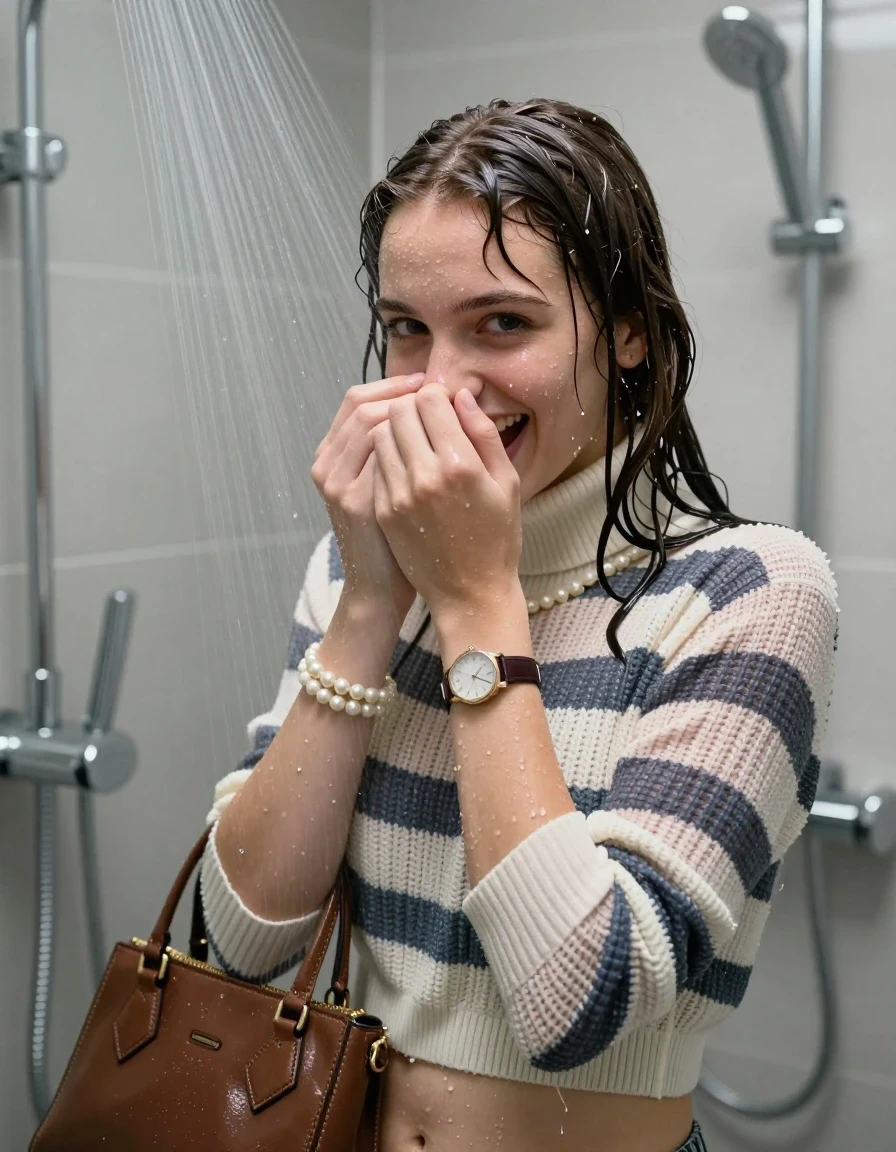 photo of young woman, in soaking wet, drenched clothes,
, , Striped knit turtleneck sweater belly free, handbag, pearl necklace, bracelet, wristwatch, Under the shower, strong jet of water, modern mirrored bathroom, 
enjoying, wet clothes stuck to body,
detailed textures of the wet clothes, wet face, wet plastered hair,
wet, drenched, professional, high-quality details, full body view.
sharp focus, ultra-high pixel detail, realistic, high-quality, full colors, incredibly detailed, 4k, 8k, 16k, hyper-realistic, RAW photo, masterpiece, ultra-detailed, professionally color graded, professional photograph, Sleek long bob with bangs

15 years old  teenage girl

Only head and shoulders are over the surface visible. Open mouth. Looking at camera. Hold her hands over her nose.

she is completely underwater up to her neck, shy and awkward but she giggles anyways. 

her submerged clothes are hardly vusible under water, she soaked her handbag into the water

close up view, wet skin, wet clothes, wet hair, damp fabric, water runs down the clothes, wet skin, wet clothes., wet skin, wet clothes, damp fabric, wet skin, wet clothes, damp fabric