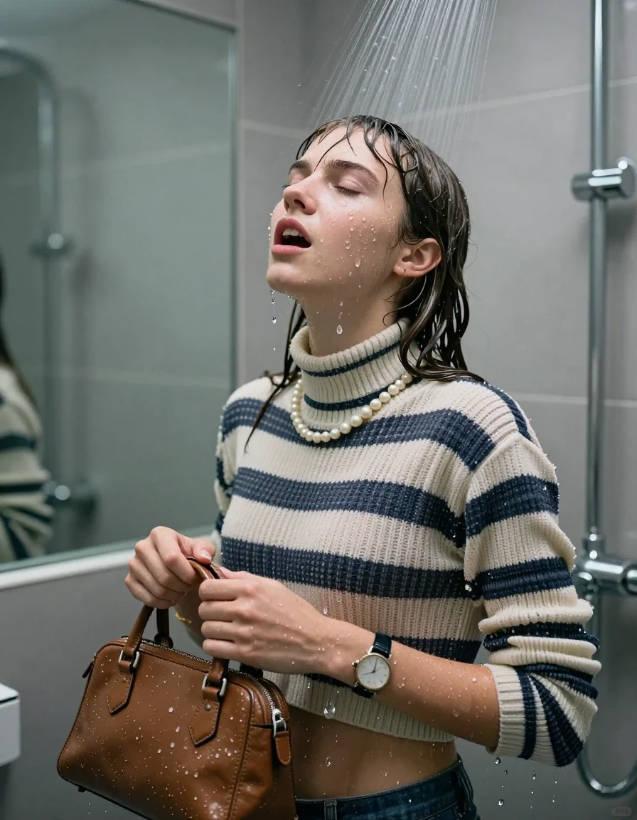 photo of young woman, in soaking wet, drenched clothes,
, , Striped knit turtleneck sweater belly free, handbag, pearl necklace, bracelet, wristwatch, Under the shower, strong jet of water, modern mirrored bathroom, 
enjoying, wet clothes stuck to body,
detailed textures of the wet clothes, wet face, wet plastered hair,
wet, drenched, professional, high-quality details, full body view.
sharp focus, ultra-high pixel detail, realistic, high-quality, full colors, incredibly detailed, 4k, 8k, 16k, hyper-realistic, RAW photo, masterpiece, ultra-detailed, professionally color graded, professional photograph, Clavie cut with bangs

15 years old  teenage girl

Only head and shoulders are over the surface visible. Open mouth, closed eyes. Looking up. 

she is completely underwater up to her neck, afraid and astonished expression. 

her submerged clothes are hardly vusible under water, she soaked her handbag into the water

close up view, wet skin, wet clothes, wet hair, damp fabric, water runs down the clothes, wet skin, wet clothes, damp fabric., wet skin, wet clothes, damp fabric, wet skin, wet clothes, damp fabric, wet skin, wet clothes, damp fabric, wet skin, wet clothes, damp fabric, wet skin, wet clothes, damp fabric