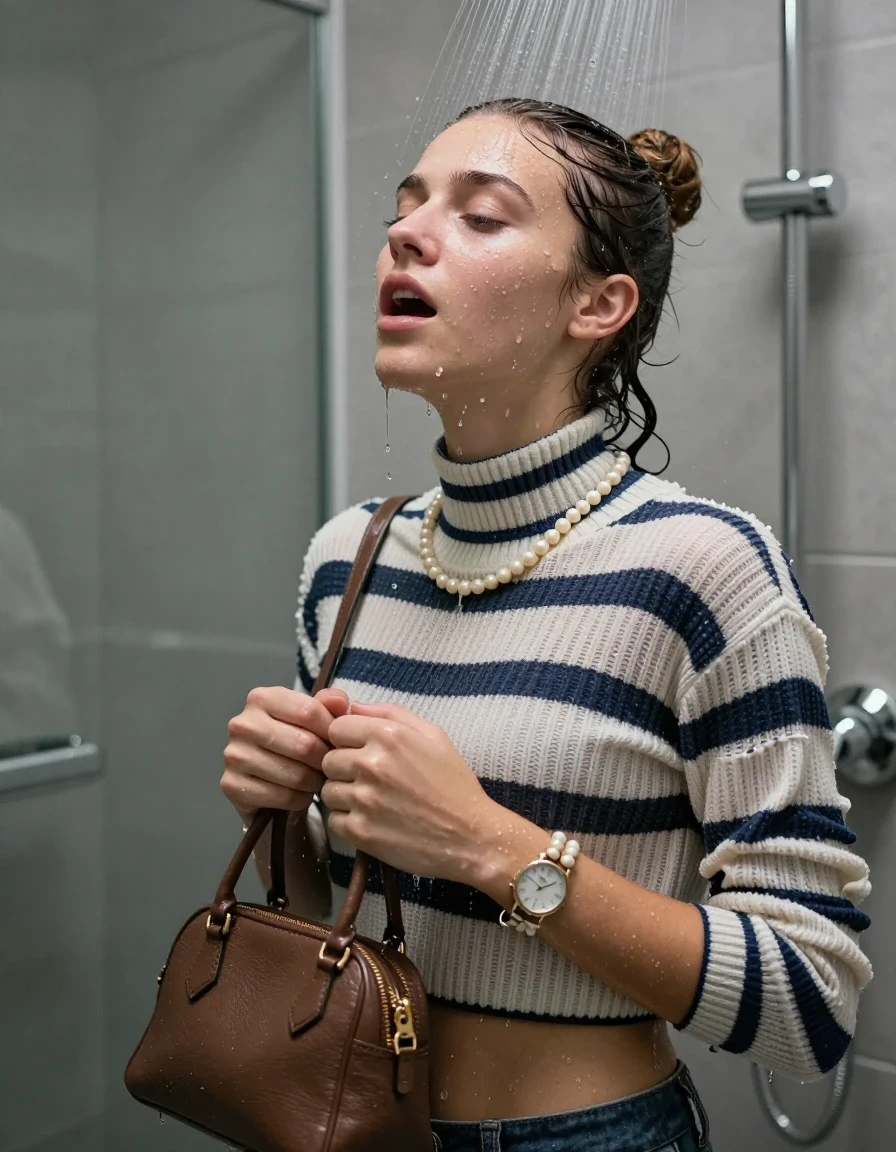 photo of young woman, in soaking wet, drenched clothes,
, , Striped knit turtleneck sweater belly free, handbag, pearl necklace, bracelet, wristwatch, Under the shower, strong jet of water, modern mirrored bathroom, 
enjoying, wet clothes stuck to body,
detailed textures of the wet clothes, wet face, wet plastered hair,
wet, drenched, professional, high-quality details, full body view.
sharp focus, ultra-high pixel detail, realistic, high-quality, full colors, incredibly detailed, 4k, 8k, 16k, hyper-realistic, RAW photo, masterpiece, ultra-detailed, professionally color graded, professional photograph, Topknot

15 years old  teenage girl

Only head and shoulders are over the surface visible. Open mouth, closed eyes. Looking up. 

she is completely underwater up to her neck, afraid and astonished expression. 

her submerged clothes are hardly vusible under water, she soaked her handbag into the water

close up view, wet skin, wet clothes, wet hair, damp fabric, water runs down the clothes, wet skin, wet clothes, damp fabric., wet skin, wet clothes, damp fabric, wet skin, wet clothes, damp fabric, wet skin, wet clothes, damp fabric, wet skin, wet clothes, damp fabric, wet skin, wet clothes, damp fabric, wet skin, wet clothes, damp fabric
