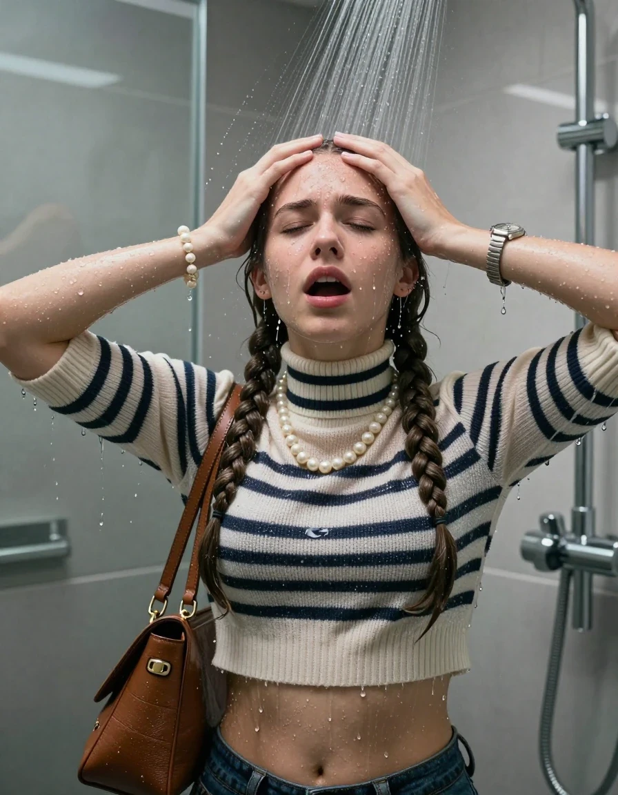 photo of young woman, in soaking wet, drenched clothes,
, , Striped knit turtleneck sweater belly free, handbag, pearl necklace, bracelet, wristwatch, Under the shower, strong jet of water, modern mirrored bathroom, 
enjoying, wet clothes stuck to body,
detailed textures of the wet clothes, wet face, wet plastered hair,
wet, drenched, professional, high-quality details, full body view.
sharp focus, ultra-high pixel detail, realistic, high-quality, full colors, incredibly detailed, 4k, 8k, 16k, hyper-realistic, RAW photo, masterpiece, ultra-detailed, professionally color graded, professional photograph, Sleek Boxer braids 

15 years old  teenage girl

Only head and shoulders are over the surface visible. Open mouth, closed eyes. Looking up. Hold her hands over her forehead.

she is completely underwater up to her neck, afraid and astonished expression. 

her submerged clothes are hardly vusible under water, she soaked her handbag into the water

close up view, wet skin, wet clothes, wet hair, damp fabric, water runs down the clothes, wet skin, wet clothes., wet skin, wet clothes, damp fabric