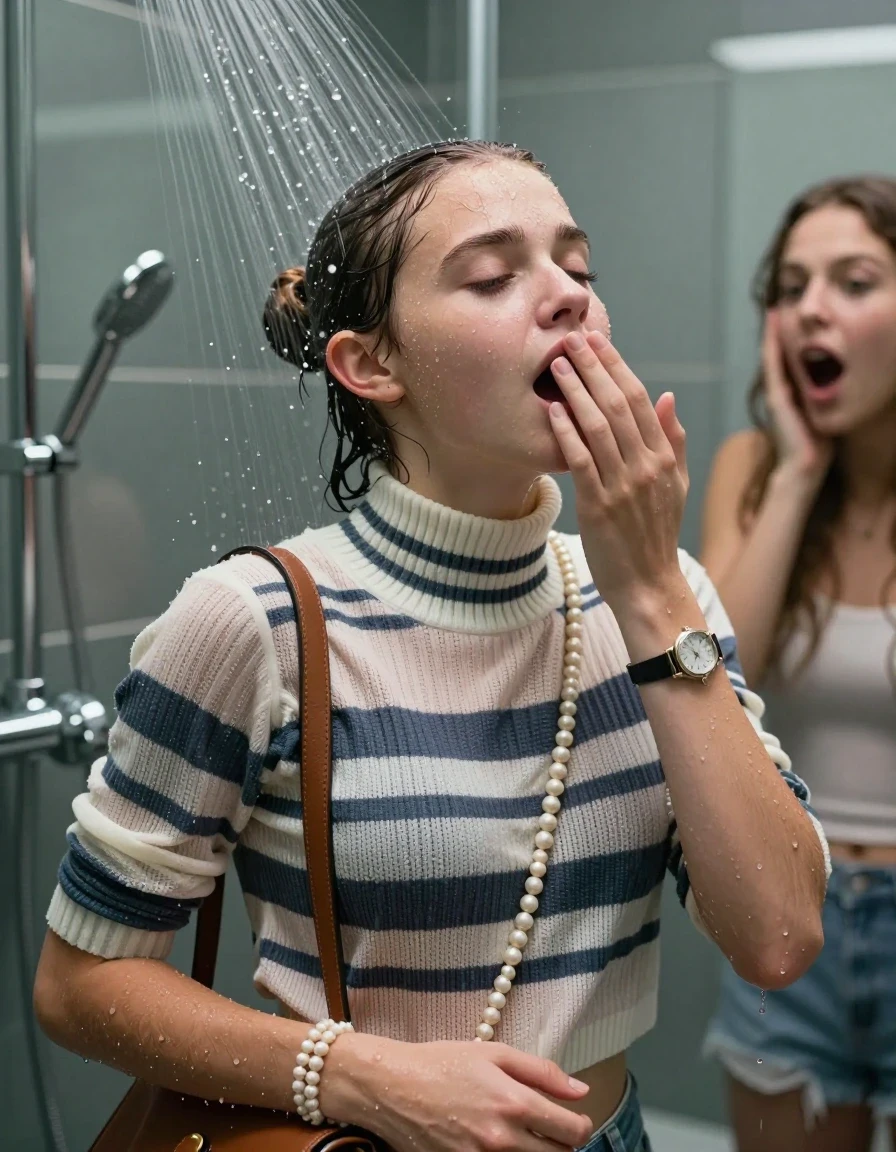 photo of young woman, in soaking wet, drenched clothes,
, , Striped knit turtleneck sweater belly free, handbag, pearl necklace, bracelet, wristwatch, Under the shower, strong jet of water, modern mirrored bathroom, her friend watch her shocked, 
enjoying, wet clothes stuck to body,
detailed textures of the wet clothes, wet face, wet plastered hair,
wet, drenched, professional, high-quality details, full body view.
sharp focus, ultra-high pixel detail, realistic, high-quality, full colors, incredibly detailed, 4k, 8k, 16k, hyper-realistic, RAW photo, masterpiece, ultra-detailed, professionally color graded, professional photograph, Topknot

15 years old  teenage girl

Only head and shoulders are over the surface visible. Open mouth, closed eyes. Looking up. Hold her hand on her mouth.

she is completely underwater up to her neck, afraid and astonished expression. 

her submerged clothes are hardly vusible under water, she soaked her handbag into the water

close up view, wet skin, wet clothes, wet hair, damp fabric, water runs down the clothes, wet skin, wet clothes, damp fabric., wet skin, wet clothes, damp fabric, wet skin, wet clothes, damp fabric, wet skin, wet clothes, damp fabric, wet skin, wet clothes, damp fabric, wet skin, wet clothes, damp fabric, wet skin, wet clothes, damp fabric