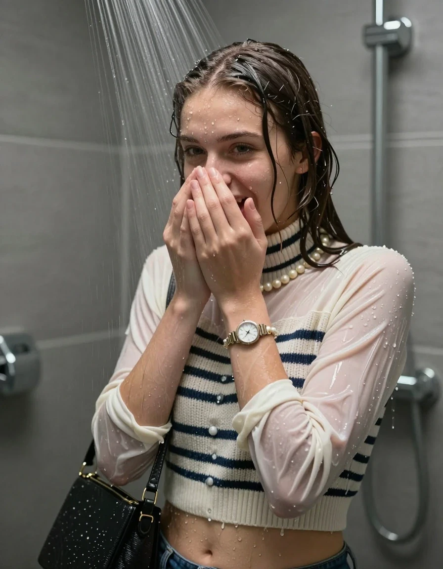 photo of young woman, in soaking wet, drenched clothes,
, , Jacket, Striped knit turtleneck sweater belly free, handbag, pearl necklace, bracelet, wristwatch, Under the shower, strong jet of water, modern mirrored bathroom, 
enjoying, wet clothes stuck to body,
detailed textures of the wet clothes, wet face, wet plastered hair,
wet, drenched, professional, high-quality details, full body view.
sharp focus, ultra-high pixel detail, realistic, high-quality, full colors, incredibly detailed, 4k, 8k, 16k, hyper-realistic, RAW photo, masterpiece, ultra-detailed, professionally color graded, professional photograph, Sleek long bob with bangs

15 years old  teenage girl

Only head and shoulders are over the surface visible. Open mouth. Looking at camera. Hold her hands over her nose.

she is completely underwater up to her neck, shy and awkward but she giggles anyways. 

her submerged clothes are hardly vusible under water, she soaked her handbag into the water

close up view, wet skin, wet clothes, wet hair, damp fabric, water runs down the clothes, wet skin, wet clothes., wet skin, wet clothes, damp fabric, wet skin, wet clothes, damp fabric