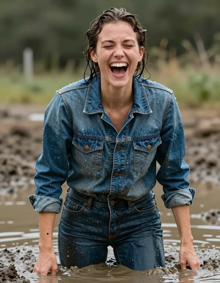 photo of young woman, in soaking wet, drenched clothes,
Levis jacket, Levis, Muddy pool, 
enjoying, wet clothes stuck to body,
detailed textures of the wet clothes, wet face, wet plastered hair,
wet, drenched, professional, high-quality details, full body view.
sharp focus, ultra-high pixel detail, realistic, high-quality, full colors, incredibly detailed, 4k, 8k, 16k, hyper-realistic, RAW photo, masterpiece, ultra-detailed, professionally color graded, professional photograph, Lauthing, wet skin, wet clothes, damp fabric