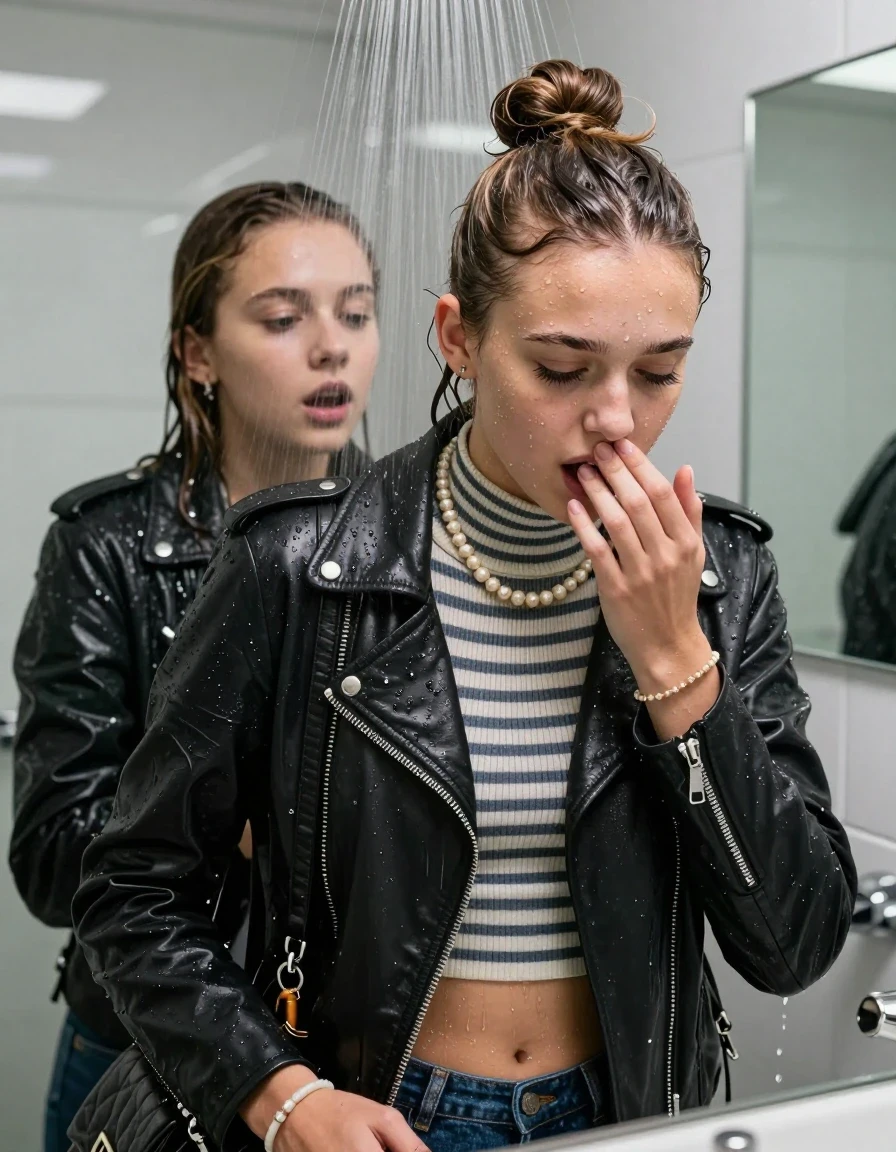 photo of young woman, in soaking wet, drenched clothes,
, , Biker leatherjacket, Tight Striped knit turtleneck sweater belly free, handbag, pearl necklace, bracelet, wristwatch, Under the shower, strong jet of water, modern mirrored bathroom, 
enjoying, wet clothes stuck to body,
detailed textures of the wet clothes, wet face, wet plastered hair,
wet, drenched, professional, high-quality details, full body view.
sharp focus, ultra-high pixel detail, realistic, high-quality, full colors, incredibly detailed, 4k, 8k, 16k, hyper-realistic, RAW photo, masterpiece, ultra-detailed, professionally color graded, professional photograph, Topknot

Two 15 years old  teenage girl

Only head and shoulders are over the surface visible. Open mouth, closed eyes. Looking down. Hold a hand on her mouth.

she is completely underwater up to her neck, afraid and astonished expression. 

her submerged clothes are hardly vusible under water, she soaked her handbag into the water

close up view, wet skin, wet clothes, wet hair, damp fabric, water runs down the clothes, wet skin, wet clothes, damp fabric., wet skin, wet clothes, damp fabric, wet skin, wet clothes, damp fabric, wet skin, wet clothes, damp fabric, wet skin, wet clothes, damp fabric, wet skin, wet clothes, damp fabric, wet skin, wet clothes, damp fabric, wet skin, wet clothes, damp fabric, wet skin, wet clothes, damp fabric