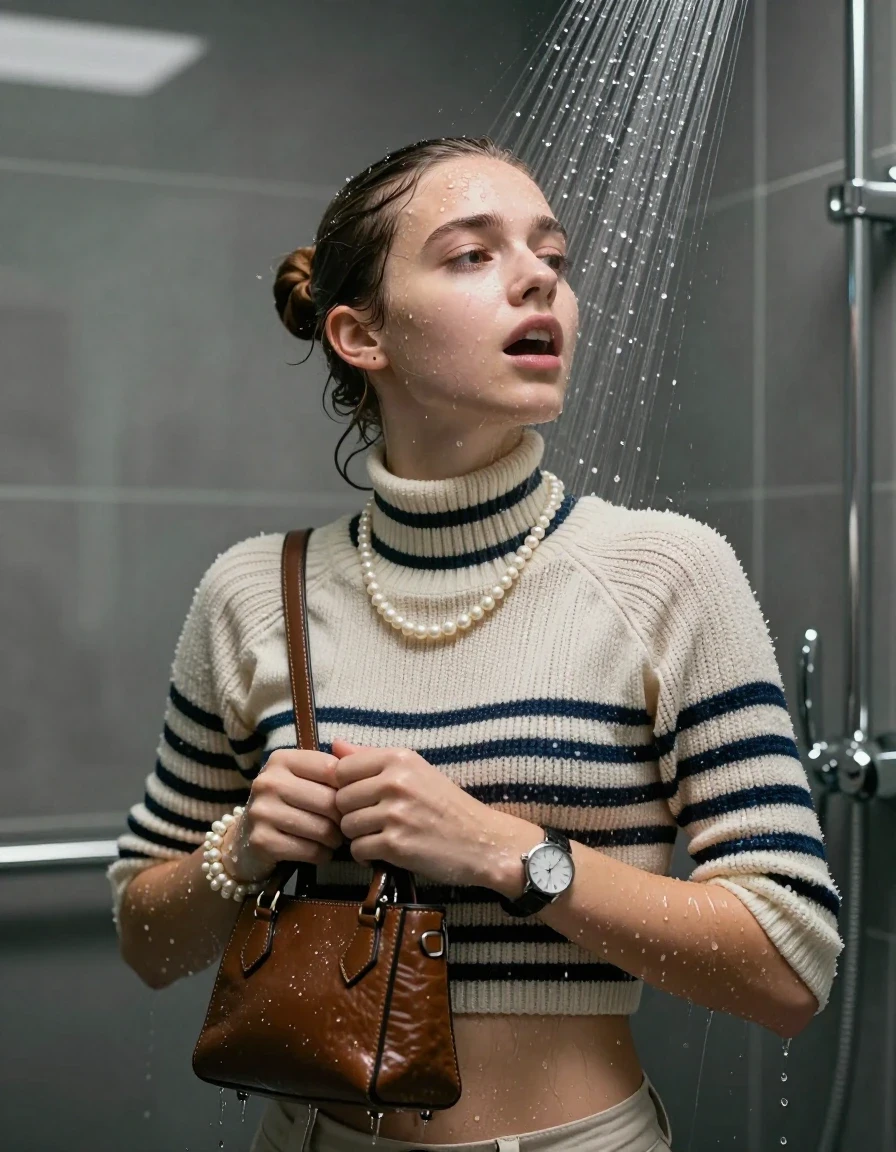 photo of young woman, in soaking wet, drenched clothes,
, , Striped knit turtleneck sweater belly free, handbag, pearl necklace, bracelet, wristwatch, Under the shower, strong jet of water, modern mirrored bathroom, 
enjoying, wet clothes stuck to body,
detailed textures of the wet clothes, wet face, wet plastered hair,
wet, drenched, professional, high-quality details, full body view.
sharp focus, ultra-high pixel detail, realistic, high-quality, full colors, incredibly detailed, 4k, 8k, 16k, hyper-realistic, RAW photo, masterpiece, ultra-detailed, professionally color graded, professional photograph, Topknot

15 years old  teenage girl

Only head and shoulders are over the surface visible. Open mouth, closed eyes. Looking up. 

she is completely underwater up to her neck, afraid and astonished expression. 

her submerged clothes are hardly vusible under water, she soaked her handbag into the water

close up view, wet skin, wet clothes, wet hair, damp fabric, water runs down the clothes, wet skin, wet clothes, damp fabric., wet skin, wet clothes, damp fabric, wet skin, wet clothes, damp fabric, wet skin, wet clothes, damp fabric, wet skin, wet clothes, damp fabric, wet skin, wet clothes, damp fabric, wet skin, wet clothes, damp fabric