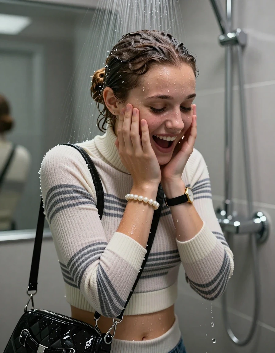 photo of young woman, in soaking wet, drenched clothes,
, ,  tight striped knit turtleneck sweater belly free, handbag, pearl necklace, bracelet, wristwatch, Under the shower, strong jet of water, modern mirrored bathroom, 
enjoying, wet clothes stuck to body,
detailed textures of the wet clothes, wet face, wet plastered hair,
wet, drenched, professional, high-quality details, full body view.
sharp focus, ultra-high pixel detail, realistic, high-quality, full colors, incredibly detailed, 4k, 8k, 16k, hyper-realistic, RAW photo, masterpiece, ultra-detailed, professionally color graded, professional photograph, Half bun

15 years old  teenage girl

Only head and shoulders are over the surface visible. Open mouth, closed eyes. Looking down. Hold her hands on her chin.

she is completely underwater up to her neck, afraid and astonished expression but she giggles.  

her submerged clothes are hardly vusible under water, she soaked her handbag into the water

close up view, wet skin, wet clothes, wet hair, damp fabric, water runs down the clothes, wet skin, wet clothes, damp fabric., wet skin, wet clothes, damp fabric, wet skin, wet clothes, damp fabric, wet skin, wet clothes, damp fabric, wet skin, wet clothes, damp fabric, wet skin, wet clothes, damp fabric