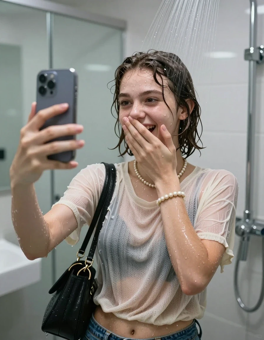 photo of young woman, in soaking wet, drenched clothes,
, ,  Knitted Pullover belly free, handbag, pearl necklace, bracelet, wristwatch, Under the shower, strong jet of water, modern mirrored bathroom, 
enjoying, wet clothes stuck to body,
detailed textures of the wet clothes, wet face, wet plastered hair,
wet, drenched, professional, high-quality details, full body view.
sharp focus, ultra-high pixel detail, realistic, high-quality, full colors, incredibly detailed, 4k, 8k, 16k, hyper-realistic, RAW photo, masterpiece, ultra-detailed, professionally color graded, professional photograph, Blunt bob with bangs

15 years old  teenage girl

Only head and shoulders are over the surface visible. Open mouth. Looking slightly at camera. Cover her mouth and nose with a hand. Take a Selfie with her Smartphone.

she is completely underwater up to her neck, shy and awkward but she giggles anyways.

her submerged clothes are hardly vusible under water, she soaked her handbag into the water

close up view, wet skin, wet clothes, wet hair, damp fabric, water runs down the clothes, wet skin, wet clothes, damp fabric., wet skin, wet clothes, damp fabric, wet skin, wet clothes, damp fabric, wet skin, wet clothes, damp fabric, wet skin, wet clothes, damp fabric, wet skin, wet clothes, damp fabric