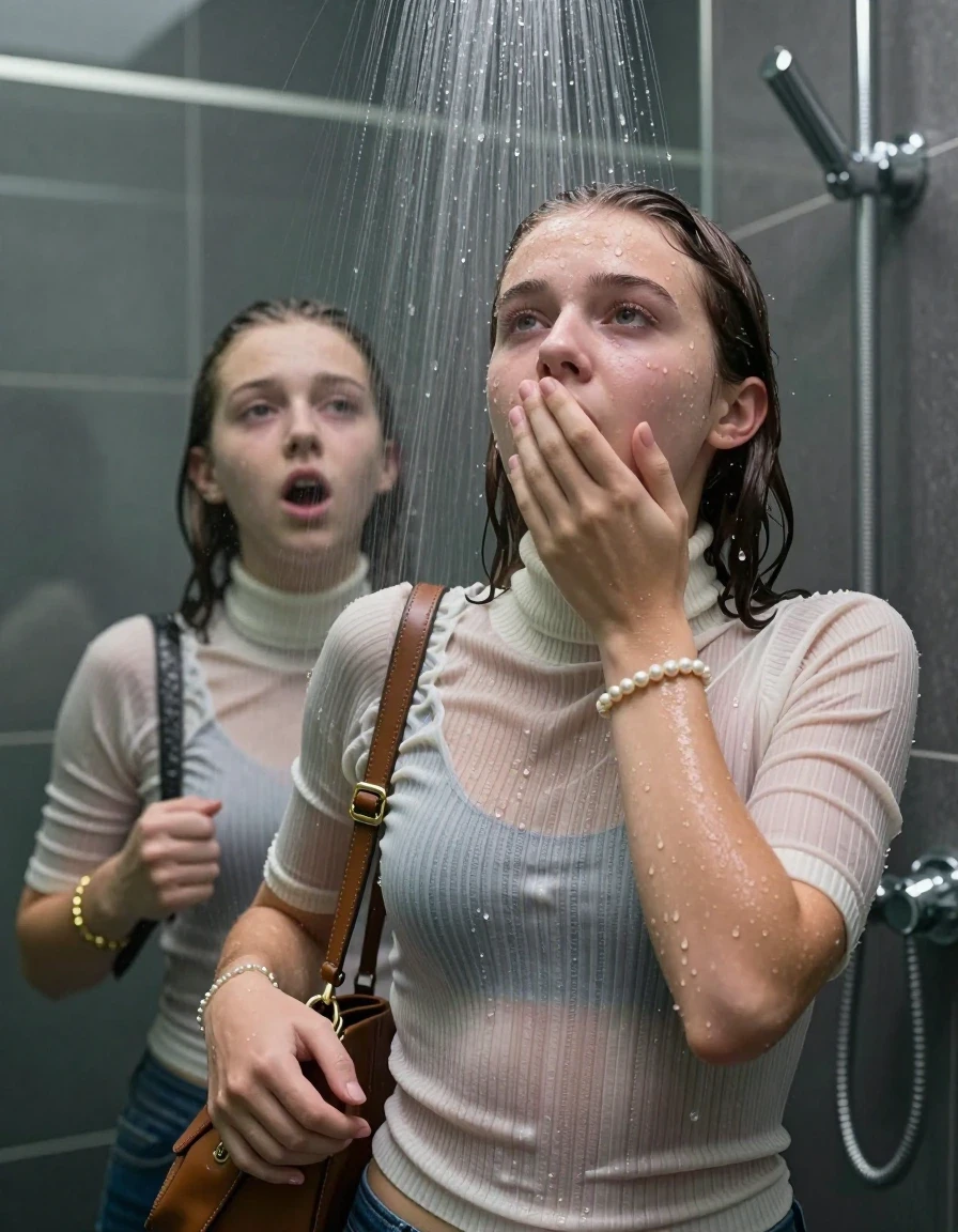 photo of young woman, in soaking wet, drenched clothes,
, , Tight Striped knit turtleneck sweater belly free, handbag, pearl necklace, bracelet, wristwatch, Under the shower, strong jet of water, modern mirrored bathroom, 
enjoying, wet clothes stuck to body,
detailed textures of the wet clothes, wet face, wet plastered hair,
wet, drenched, professional, high-quality details, full body view.
sharp focus, ultra-high pixel detail, realistic, high-quality, full colors, incredibly detailed, 4k, 8k, 16k, hyper-realistic, RAW photo, masterpiece, ultra-detailed, professionally color graded, professional photograph, Collarbone bob

Two 15 years old  teenage girl

Only head and shoulders are over the surface visible. Open mouth, closed eyes. Looking up. Hold a hand on her mouth.

she is completely underwater up to her neck, afraid and astonished expression. 

her submerged clothes are hardly vusible under water, she soaked her handbag into the water

close up view, wet skin, wet clothes, wet hair, damp fabric, water runs down the clothes, wet skin, wet clothes, damp fabric., wet skin, wet clothes, damp fabric, wet skin, wet clothes, damp fabric, wet skin, wet clothes, damp fabric, wet skin, wet clothes, damp fabric, wet skin, wet clothes, damp fabric, wet skin, wet clothes, damp fabric, wet skin, wet clothes, damp fabric