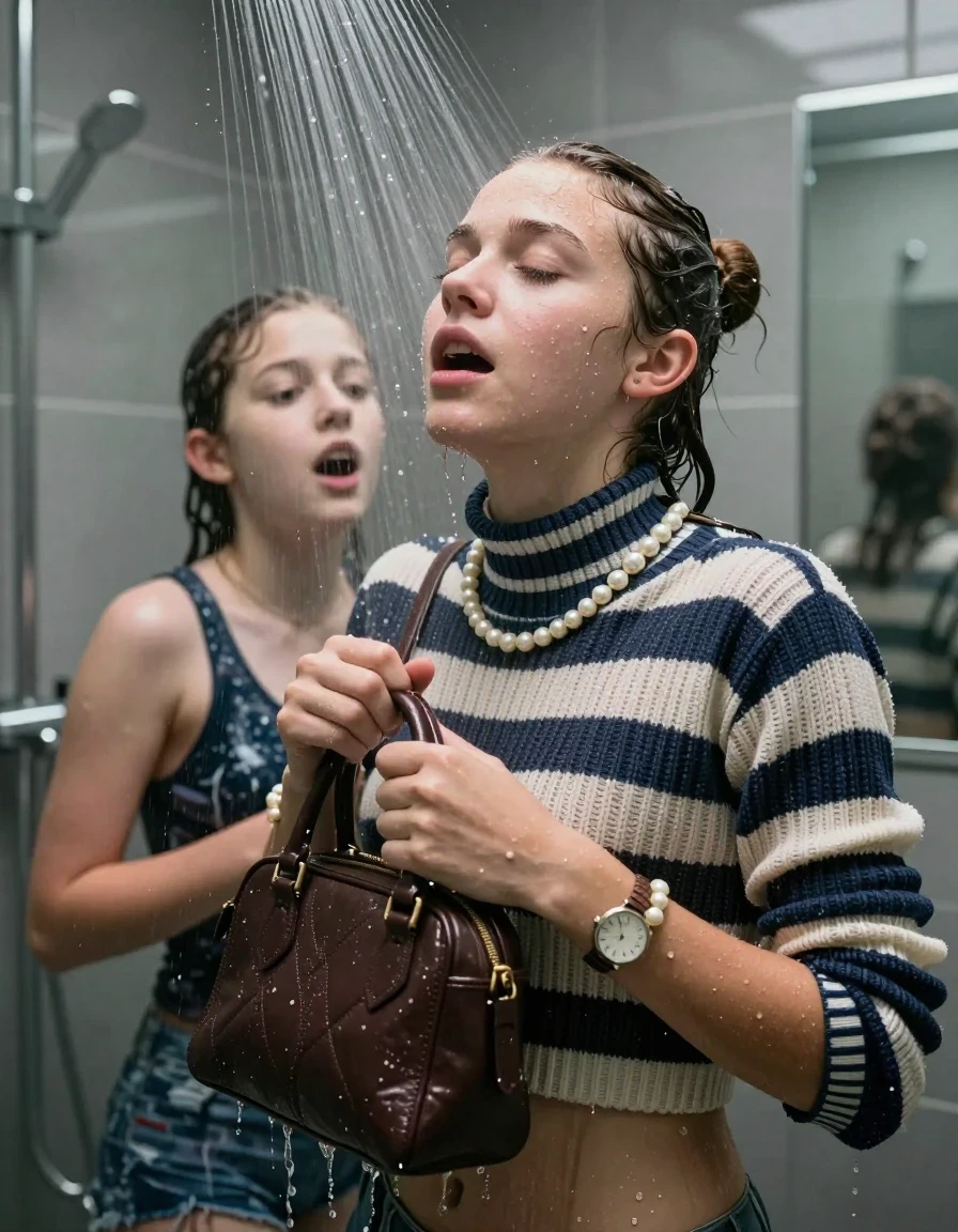 photo of young woman, in soaking wet, drenched clothes,
, , Striped knit turtleneck sweater belly free, handbag, pearl necklace, bracelet, wristwatch, Under the shower, strong jet of water, modern mirrored bathroom, 
enjoying, wet clothes stuck to body,
detailed textures of the wet clothes, wet face, wet plastered hair,
wet, drenched, professional, high-quality details, full body view.
sharp focus, ultra-high pixel detail, realistic, high-quality, full colors, incredibly detailed, 4k, 8k, 16k, hyper-realistic, RAW photo, masterpiece, ultra-detailed, professionally color graded, professional photograph, Topknot

Two 15 years old  teenage girl

Only head and shoulders are over the surface visible. Open mouth, closed eyes. Looking up. 

she is completely underwater up to her neck, afraid and astonished expression. 

her submerged clothes are hardly vusible under water, she soaked her handbag into the water

close up view, wet skin, wet clothes, wet hair, damp fabric, water runs down the clothes, wet skin, wet clothes, damp fabric., wet skin, wet clothes, damp fabric, wet skin, wet clothes, damp fabric, wet skin, wet clothes, damp fabric, wet skin, wet clothes, damp fabric, wet skin, wet clothes, damp fabric, wet skin, wet clothes, damp fabric, wet skin, wet clothes, damp fabric