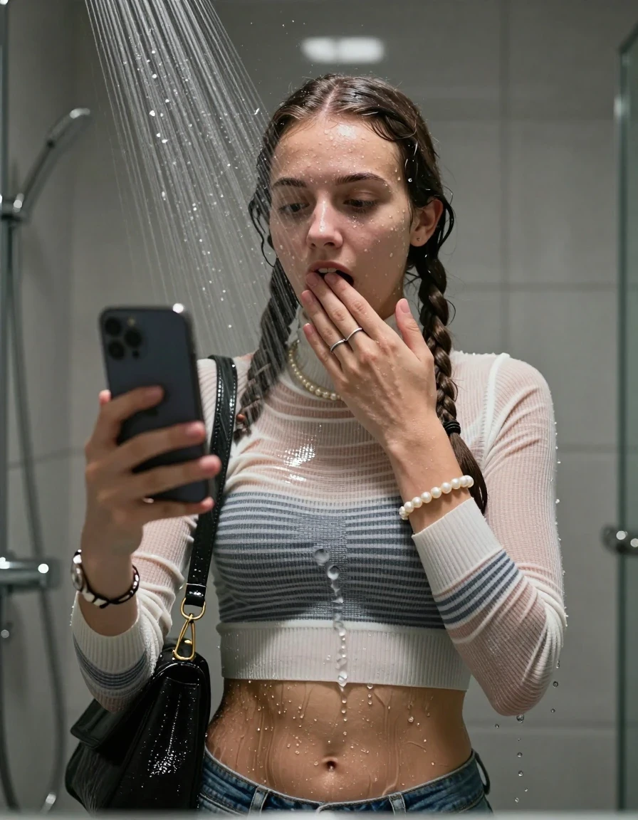 photo of young woman, in soaking wet, drenched clothes,
, ,  tight striped knit turtleneck sweater belly free, handbag, pearl necklace, bracelet, wristwatch, Under the shower, strong jet of water, modern mirrored bathroom, 
enjoying, wet clothes stuck to body,
detailed textures of the wet clothes, wet face, wet plastered hair,
wet, drenched, professional, high-quality details, full body view.
sharp focus, ultra-high pixel detail, realistic, high-quality, full colors, incredibly detailed, 4k, 8k, 16k, hyper-realistic, RAW photo, masterpiece, ultra-detailed, professionally color graded, professional photograph, Two pigtails

15 years old  teenage girl

Only head and shoulders are over the surface visible. Open mouth, half closed eyes. Looking down. Take a Selfie with her smartphone. One Hand over her mouth.

she is completely underwater up to her neck, afraid and astonished expression. 

her submerged clothes are hardly vusible under water, she soaked her handbag into the water

close up view, wet skin, wet clothes, wet hair, damp fabric, water runs down the clothes, wet skin, wet clothes, damp fabric., wet skin, wet clothes, damp fabric, wet skin, wet clothes, damp fabric, wet skin, wet clothes, damp fabric, wet skin, wet clothes, damp fabric