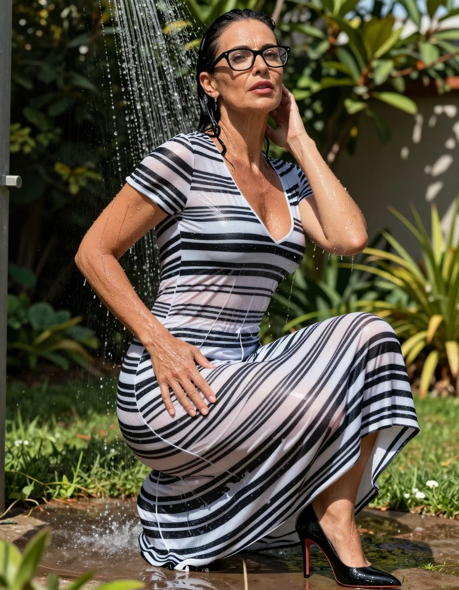 photo of young woman, in soaking wet, drenched clothes,
stlletto shoes, maxi white and black flared striped dress with short sleeves, maxi white and black flared striped dress with short sleeves, shower in sunny garden, enjoying wet clothes stuck body, enjoying, wet clothes stuck to body, 
enjoying, wet clothes stuck to body,
detailed textures of the wet clothes, wet face, wet plastered hair,
wet, drenched, professional, high-quality details, full body view.
sharp focus, ultra-high pixel detail, realistic, high-quality, full colors, incredibly detailed, 4k, 8k, 16k, hyper-realistic, RAW photo, masterpiece, ultra-detailed, professionally color graded, professional photograph, europen brunette skinny woman 50 years old, long dark black hair, very big and thick lips,  office glasses, complete body, wet skin, wet clothes, damp fabric, wet skin, wet clothes, damp fabric, wet skin, wet clothes, damp fabric, wet skin, wet clothes, damp fabric, wet skin, wet clothes, damp fabric, wet skin, wet clothes, damp fabric