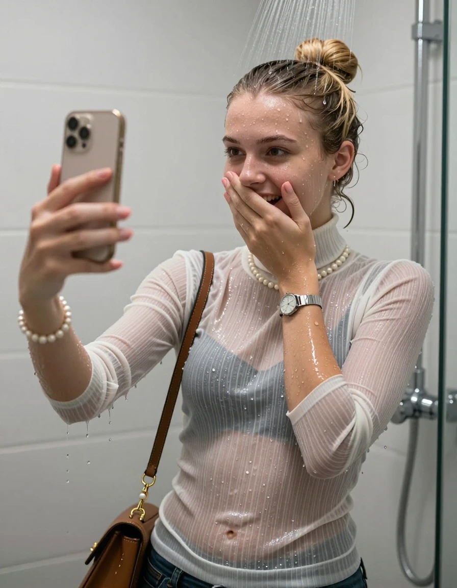 photo of young woman, in soaking wet, drenched clothes,
, ,  tight striped knit turtleneck sweater belly free, handbag, pearl necklace, bracelet, wristwatch, Under the shower, strong jet of water, modern mirrored bathroom, 
enjoying, wet clothes stuck to body,
detailed textures of the wet clothes, wet face, wet plastered hair,
wet, drenched, professional, high-quality details, full body view.
sharp focus, ultra-high pixel detail, realistic, high-quality, full colors, incredibly detailed, 4k, 8k, 16k, hyper-realistic, RAW photo, masterpiece, ultra-detailed, professionally color graded, professional photograph, Blonde Topknot

15 years old  teenage girl

Only head and shoulders are over the surface visible. Open mouth. Looking slightly at camera. Cover her mouth and nose with a hand. Take a Selfie with her Smartphone.

she is completely underwater up to her neck, shy and awkward but she giggles anyways.

her submerged clothes are hardly vusible under water, she soaked her handbag into the water

close up view, wet skin, wet clothes, wet hair, damp fabric, water runs down the clothes, wet skin, wet clothes, damp fabric., wet skin, wet clothes, damp fabric, wet skin, wet clothes, damp fabric, wet skin, wet clothes, damp fabric, wet skin, wet clothes, damp fabric