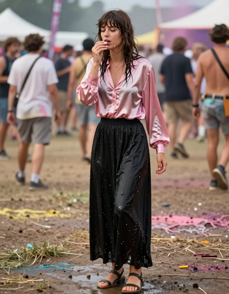photo of young woman, in soaking wet, drenched clothes,
sandals, excessively long floor-length long cotton black skirt, Beatles haired woman: oversized pink long-sleeved satin blouse, summer festival, 
enjoying, wet clothes stuck to body,
detailed textures of the wet clothes, wet face, wet plastered hair,
wet, drenched, professional, high-quality details, full body view.
sharp focus, ultra-high pixel detail, realistic, high-quality, full colors, incredibly detailed, 4k, 8k, 16k, hyper-realistic, RAW photo, masterpiece, ultra-detailed, professionally color graded, professional photograph, covered in paint bombs, wet skin, wet clothes, damp fabric