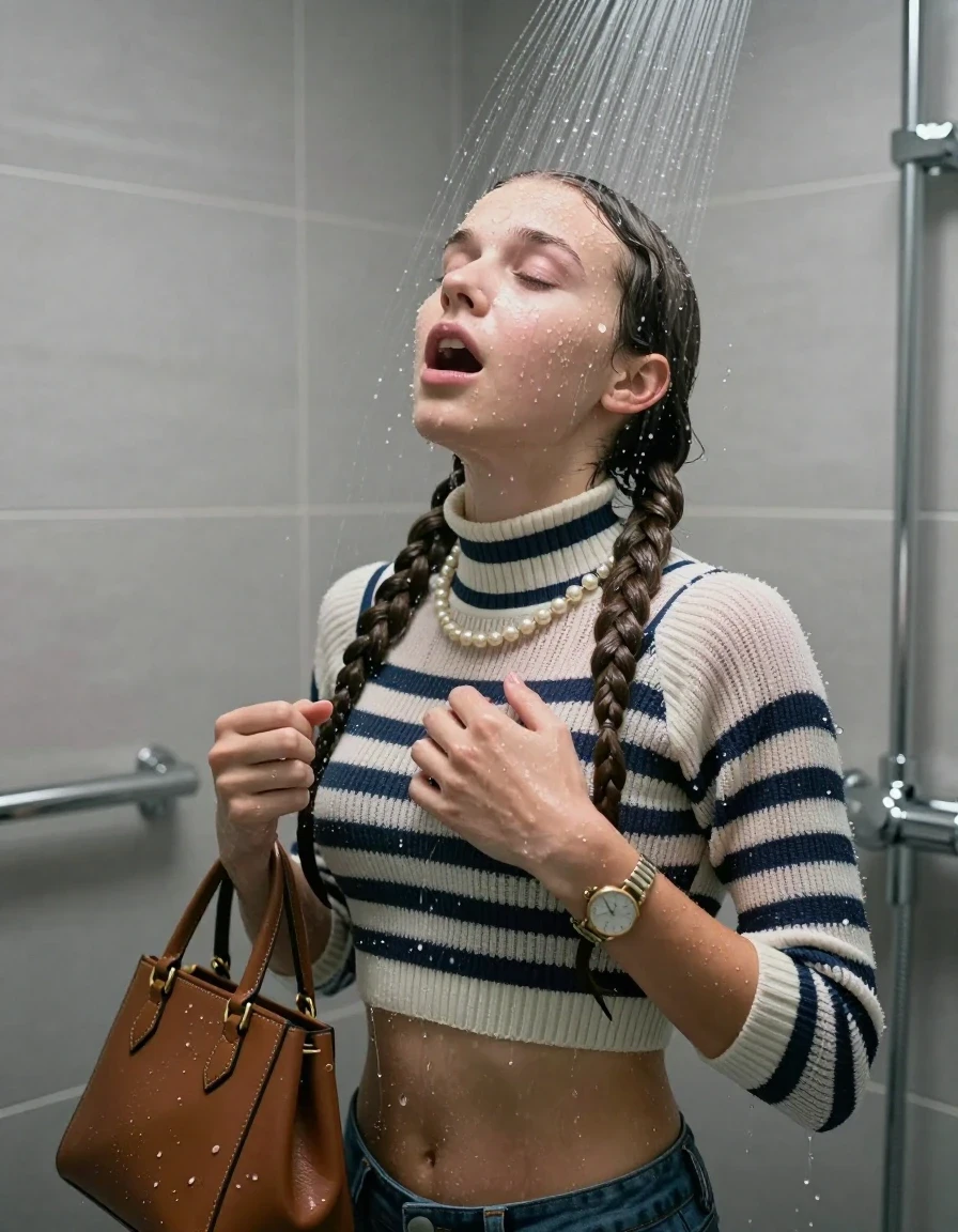 photo of young woman, in soaking wet, drenched clothes,
, , Striped knit turtleneck sweater belly free, handbag, pearl necklace, bracelet, wristwatch, Under the shower, strong jet of water, modern mirrored bathroom, 
enjoying, wet clothes stuck to body,
detailed textures of the wet clothes, wet face, wet plastered hair,
wet, drenched, professional, high-quality details, full body view.
sharp focus, ultra-high pixel detail, realistic, high-quality, full colors, incredibly detailed, 4k, 8k, 16k, hyper-realistic, RAW photo, masterpiece, ultra-detailed, professionally color graded, professional photograph, Sleek Boxer braids 

15 years old  teenage girl

Only head and shoulders are over the surface visible. Open mouth, closed eyes. Looking up. 

she is completely underwater up to her neck, afraid and astonished expression. 

her submerged clothes are hardly vusible under water, she soaked her handbag into the water

close up view, wet skin, wet clothes, wet hair, damp fabric, water runs down the clothes, wet skin, wet clothes, damp fabric., wet skin, wet clothes, damp fabric, wet skin, wet clothes, damp fabric, wet skin, wet clothes, damp fabric, wet skin, wet clothes, damp fabric, wet skin, wet clothes, damp fabric