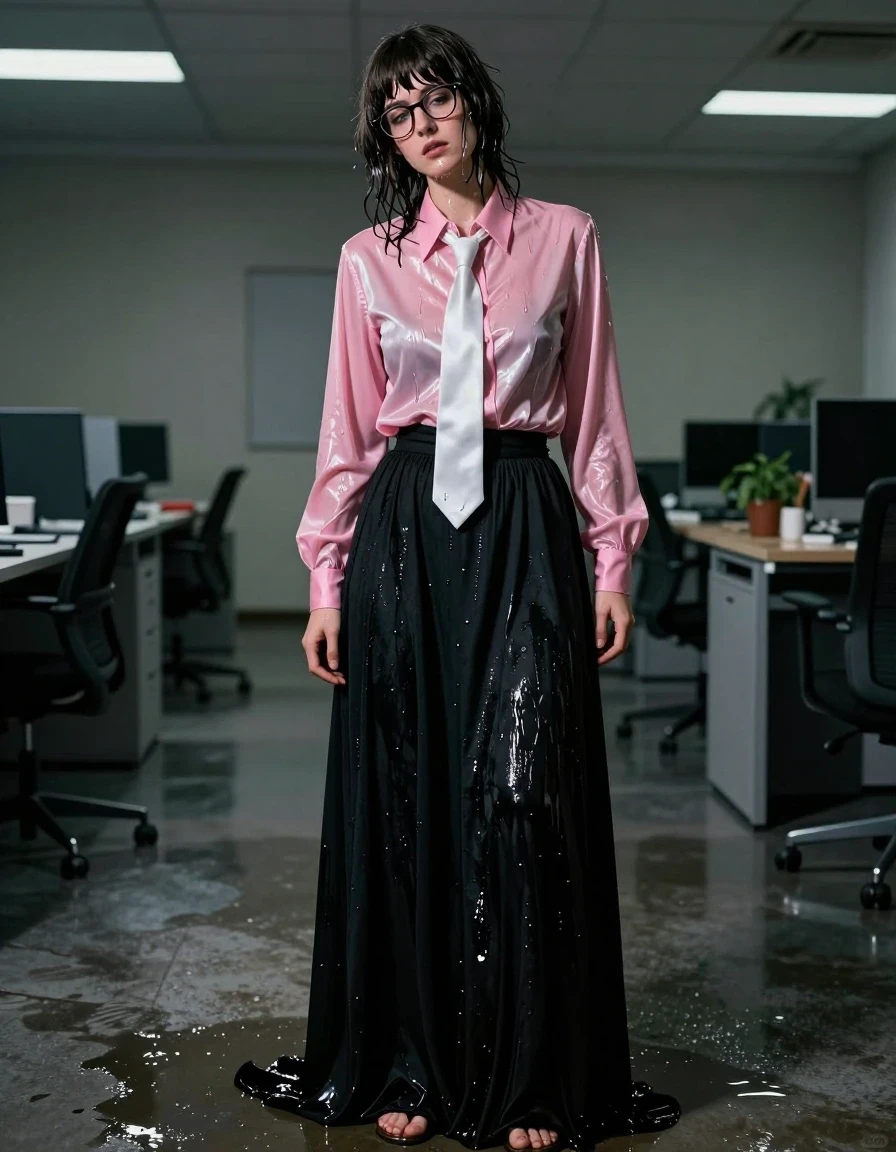 A photorealistic, high-detail full-body shot of a young adult European woman with nerdy Beatles-style hair, standing in an empty office with lights dimmed and shadows stretching across the floor. She is wearing an oversized pink long-sleeved satin blouse with a silk white necktie and an excessively long floor-length black cotton skirt. The woman is completely drenched, her hair matted and wet, skin glistening with a thick layer of moisture, and her clothing is heavily saturated, clinging to her form with deep, dark, wet patches and heavy fabric folds. She is wearing sandals and appears physically exhausted, struggling to maintain her balance with a dazed, post-orgasmic expression. The lighting is low and moody, emphasizing the glossy, wet sheen on her skin and the water-logged texture of the fabric. Cinematic composition, sharp focus, 8k resolution, highly detailed textures, realistic water saturation, dramatic office interior atmosphere.