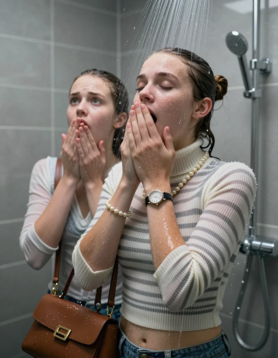photo of young woman, in soaking wet, drenched clothes,
, , Tight Striped knit turtleneck sweater belly free, handbag, pearl necklace, bracelet, wristwatch, Under the shower, strong jet of water, modern mirrored bathroom, 
enjoying, wet clothes stuck to body,
detailed textures of the wet clothes, wet face, wet plastered hair,
wet, drenched, professional, high-quality details, full body view.
sharp focus, ultra-high pixel detail, realistic, high-quality, full colors, incredibly detailed, 4k, 8k, 16k, hyper-realistic, RAW photo, masterpiece, ultra-detailed, professionally color graded, professional photograph, Topknot

Two 15 years old  teenage girl

Only head and shoulders are over the surface visible. Open mouth, closed eyes. Looking up. Hold a hand on her mouth.

she is completely underwater up to her neck, afraid and astonished expression. 

her submerged clothes are hardly vusible under water, she soaked her handbag into the water

close up view, wet skin, wet clothes, wet hair, damp fabric, water runs down the clothes, wet skin, wet clothes, damp fabric., wet skin, wet clothes, damp fabric, wet skin, wet clothes, damp fabric, wet skin, wet clothes, damp fabric, wet skin, wet clothes, damp fabric, wet skin, wet clothes, damp fabric, wet skin, wet clothes, damp fabric, wet skin, wet clothes, damp fabric, wet skin, wet clothes, damp fabric