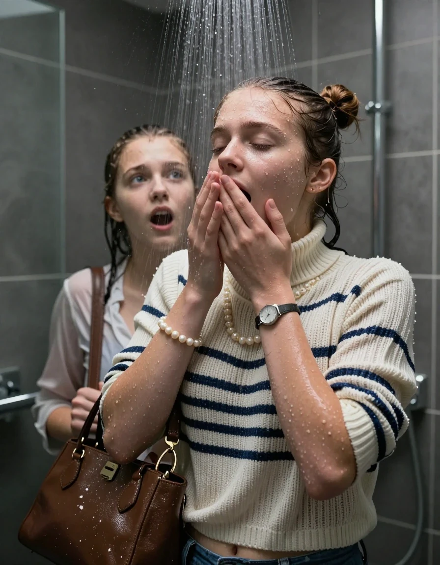 photo of young woman, in soaking wet, drenched clothes,
, , Striped knit turtleneck sweater belly free, handbag, pearl necklace, bracelet, wristwatch, Under the shower, strong jet of water, modern mirrored bathroom, 
enjoying, wet clothes stuck to body,
detailed textures of the wet clothes, wet face, wet plastered hair,
wet, drenched, professional, high-quality details, full body view.
sharp focus, ultra-high pixel detail, realistic, high-quality, full colors, incredibly detailed, 4k, 8k, 16k, hyper-realistic, RAW photo, masterpiece, ultra-detailed, professionally color graded, professional photograph, Topknot

Two 15 years old  teenage girl

Only head and shoulders are over the surface visible. Open mouth, closed eyes. Looking up. Hold a hand on her mouth.

she is completely underwater up to her neck, afraid and astonished expression. 

her submerged clothes are hardly vusible under water, she soaked her handbag into the water

close up view, wet skin, wet clothes, wet hair, damp fabric, water runs down the clothes, wet skin, wet clothes, damp fabric., wet skin, wet clothes, damp fabric, wet skin, wet clothes, damp fabric, wet skin, wet clothes, damp fabric, wet skin, wet clothes, damp fabric, wet skin, wet clothes, damp fabric, wet skin, wet clothes, damp fabric, wet skin, wet clothes, damp fabric
