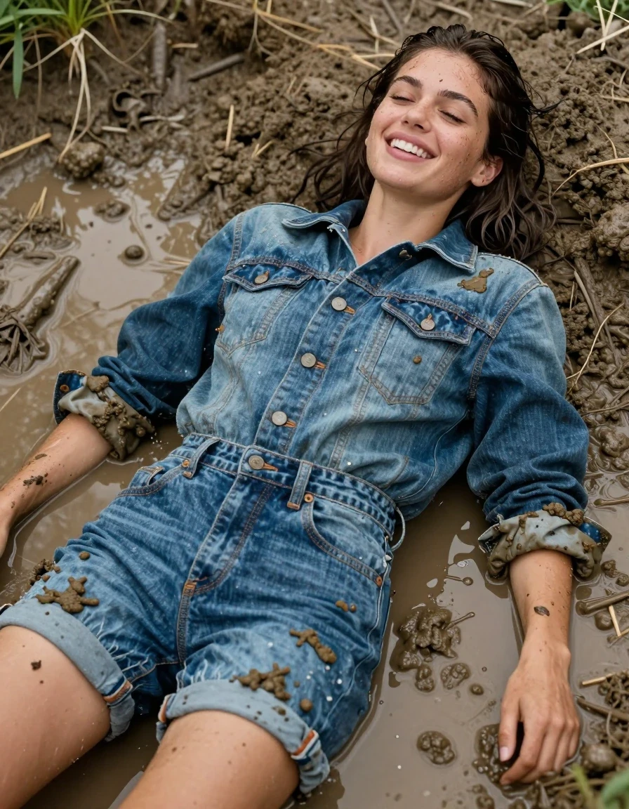 photo of young woman, in soaking wet, drenched clothes,
Levis  short jacket, Levis, Muddy pool lying, 
enjoying, wet clothes stuck to body,
detailed textures of the wet clothes, wet face, wet plastered hair,
wet, drenched, professional, high-quality details, full body view.
sharp focus, ultra-high pixel detail, realistic, high-quality, full colors, incredibly detailed, 4k, 8k, 16k, hyper-realistic, RAW photo, masterpiece, ultra-detailed, professionally color graded, professional photograph, Lauthing muddy clothes, wet skin, wet clothes, damp fabric