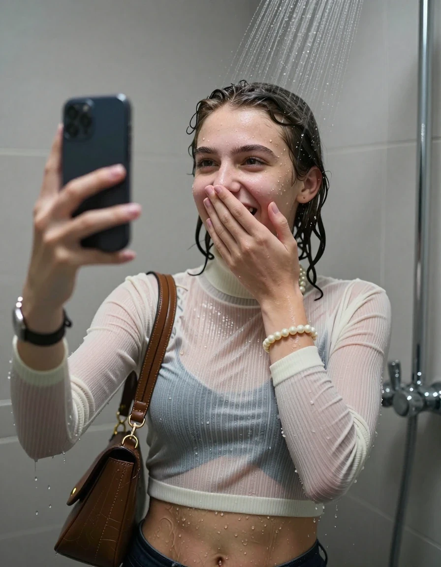 photo of young woman, in soaking wet, drenched clothes,
, ,  tight striped knit turtleneck sweater belly free, handbag, pearl necklace, bracelet, wristwatch, Under the shower, strong jet of water, modern mirrored bathroom, 
enjoying, wet clothes stuck to body,
detailed textures of the wet clothes, wet face, wet plastered hair,
wet, drenched, professional, high-quality details, full body view.
sharp focus, ultra-high pixel detail, realistic, high-quality, full colors, incredibly detailed, 4k, 8k, 16k, hyper-realistic, RAW photo, masterpiece, ultra-detailed, professionally color graded, professional photograph, Barock bob

15 years old  teenage girl

Only head and shoulders are over the surface visible. Open mouth. Looking slightly at camera. Cover her mouth and nose with a hand. Take a Selfie with her Smartphone.

she is completely underwater up to her neck, shy and awkward but she giggles anyways.

her submerged clothes are hardly vusible under water, she soaked her handbag into the water

close up view, wet skin, wet clothes, wet hair, damp fabric, water runs down the clothes, wet skin, wet clothes, damp fabric., wet skin, wet clothes, damp fabric, wet skin, wet clothes, damp fabric, wet skin, wet clothes, damp fabric, wet skin, wet clothes, damp fabric, wet skin, wet clothes, damp fabric