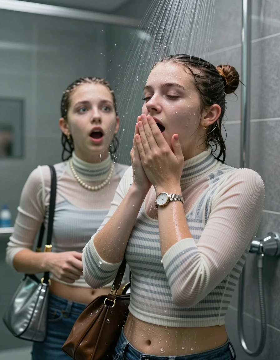 photo of young woman, in soaking wet, drenched clothes,
, , Tight Striped knit turtleneck sweater belly free, handbag, pearl necklace, bracelet, wristwatch, Under the shower, strong jet of water, modern mirrored bathroom, 
enjoying, wet clothes stuck to body,
detailed textures of the wet clothes, wet face, wet plastered hair,
wet, drenched, professional, high-quality details, full body view.
sharp focus, ultra-high pixel detail, realistic, high-quality, full colors, incredibly detailed, 4k, 8k, 16k, hyper-realistic, RAW photo, masterpiece, ultra-detailed, professionally color graded, professional photograph, Topknot

Two 15 years old  teenage girl

Only head and shoulders are over the surface visible. Open mouth, closed eyes. Looking up. Hold a hand on her mouth.

she is completely underwater up to her neck, afraid and astonished expression. 

her submerged clothes are hardly vusible under water, she soaked her handbag into the water

close up view, wet skin, wet clothes, wet hair, damp fabric, water runs down the clothes, wet skin, wet clothes, damp fabric., wet skin, wet clothes, damp fabric, wet skin, wet clothes, damp fabric, wet skin, wet clothes, damp fabric, wet skin, wet clothes, damp fabric, wet skin, wet clothes, damp fabric, wet skin, wet clothes, damp fabric, wet skin, wet clothes, damp fabric