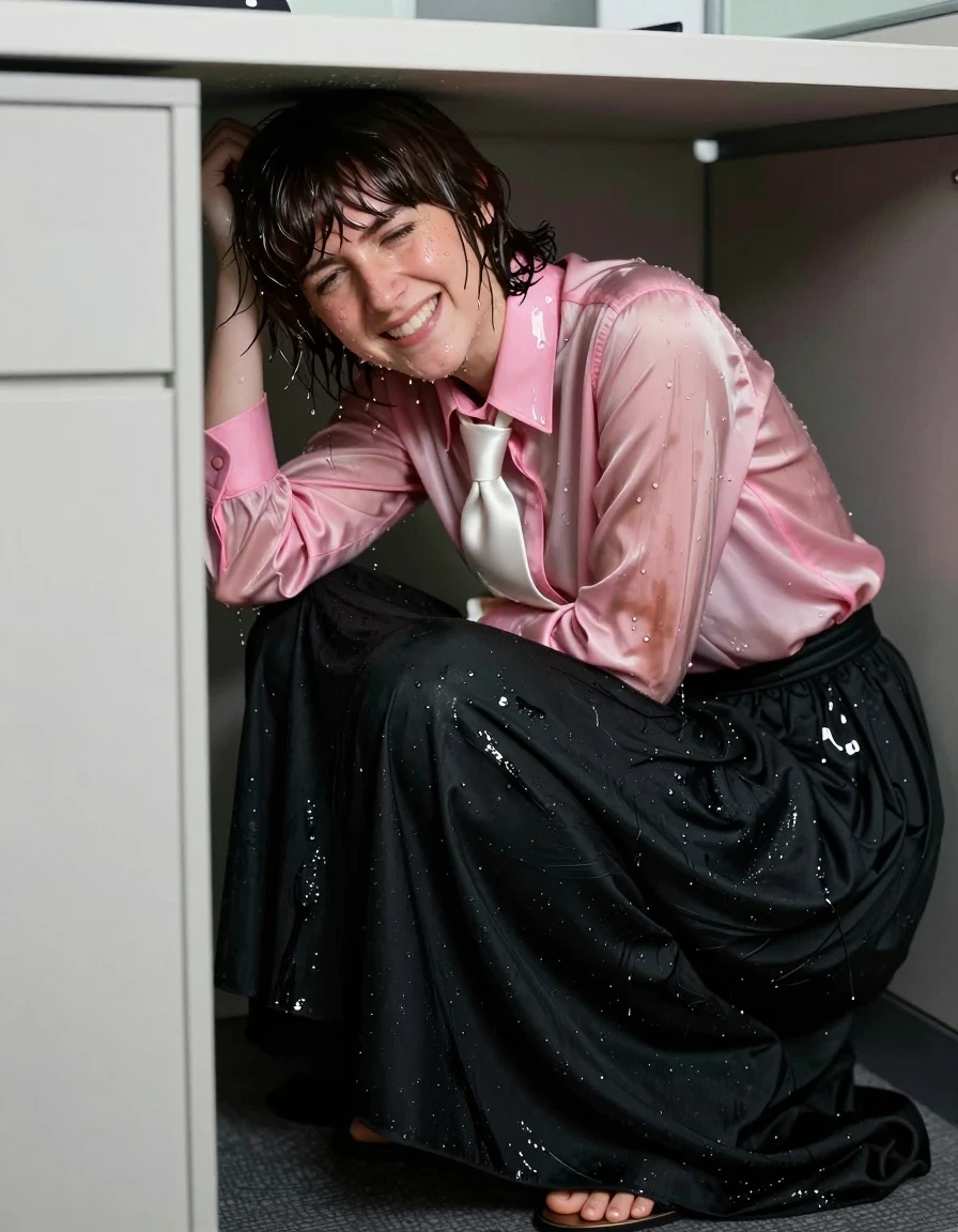 A photorealistic shot of a young adult European woman with Beatles-style hair, captured in a state of intense sensory climax, her face contorted in a flush of pleasure. She is completely drenched, with glistening water sheen coating her skin and hair. She wears an oversized pink long-sleeved satin blouse that is heavily soaked and clinging to her body, dark patches showing deep saturation, paired with a silk white necktie that is damp and translucent. Below, she wears an excessively long floor-length cotton black skirt that is water-saturated, heavy with wet folds, and dark, clinging to her legs. She is wearing sandals on her feet. She is huddled in a cramped, claustrophobic office, hiding under her cubicle desk. The lighting is harsh office fluorescent, highlighting the glossy, wet textures of her skin, the heavy damp fabric of her clothes, and the dark, clinging folds of the skirt. High-detail photography, 8k, realistic skin pores, visible water droplets and moisture trails.
