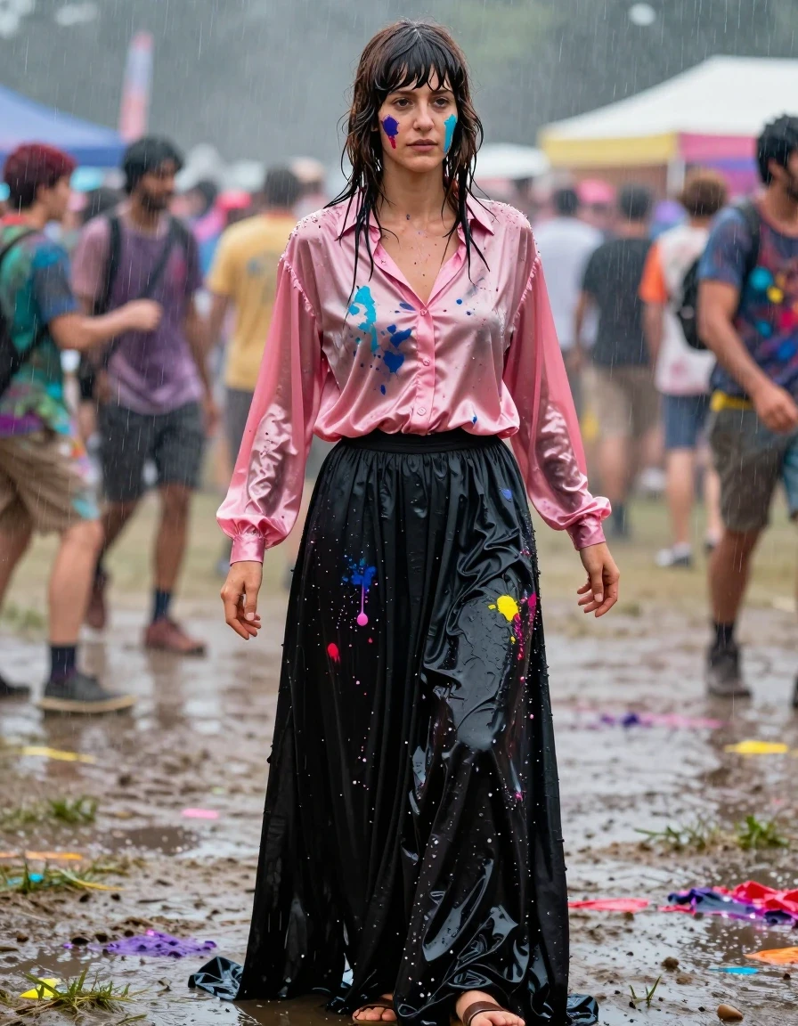 A photorealistic medium shot of a young adult European woman with a Beatles-style haircut, standing in the middle of a vibrant summer festival during a heavy downpour. She is wearing an oversized, long-sleeved pink satin blouse that is completely soaked and clinging to her skin, with dark water-saturated patches and a heavy, translucent sheen. Below, she wears an excessively long, floor-length black cotton skirt that is drenched, heavy with water, and clinging to her legs, with deep dark folds and water-logged fabric texture. She is wearing simple sandals on her feet. The woman is covered in the chaotic, colorful residue of exploding paint bombs, with streaks and splatters of bright, wet, viscous paint mixing with the rainwater on her skin and clothing. The atmosphere is filled with mist and rain, with the wet hair plastered against her face. The lighting is moody and overcast, highlighting the glossy specular reflections on the wet satin, soaked cotton, and slick skin. High-resolution, 8k, cinematic lighting, hyper-detailed textures, candid festival energy.
