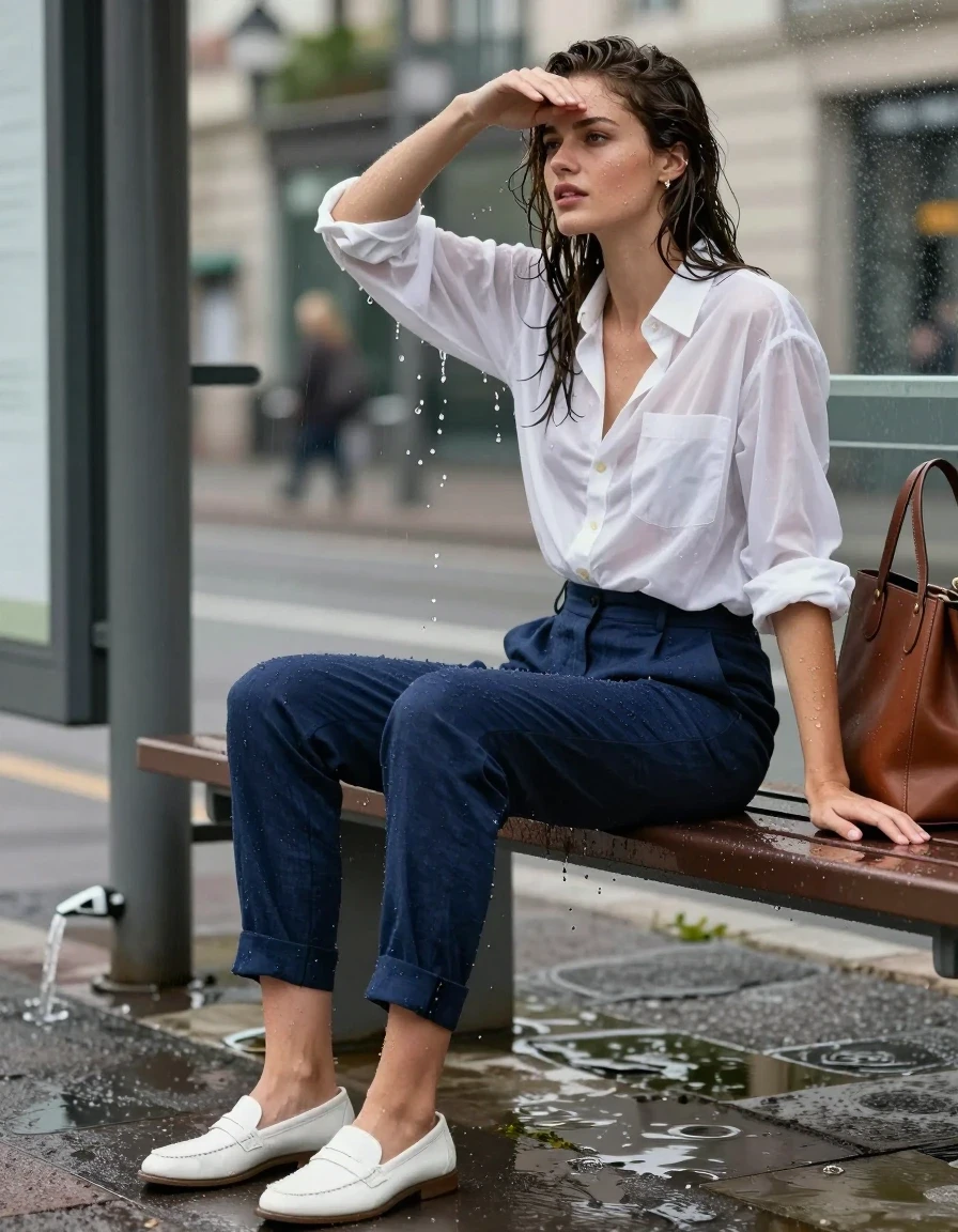 photo of young woman, in soaking wet, drenched clothes,
white leather loafers, soaking wet, tapered navy blue linen trousers, drenched and clinging to skin, oversized crisp white button-down shirt, translucent from saturation, urban bus stop bench adjacent to a malfunctioning garden sprinkler, 
enjoying, wet clothes stuck to body,
detailed textures of the wet clothes, wet face, wet plastered hair,
wet, drenched, professional, high-quality details, full body view.
sharp focus, ultra-high pixel detail, realistic, high-quality, full colors, incredibly detailed, 4k, 8k, 16k, hyper-realistic, RAW photo, masterpiece, ultra-detailed, professionally color graded, professional photograph, woman shielding her eyes with a leather tote bag while shaking water off her hair, sunlight refracting through airborne water droplets, fabric texture revealing water absorption, editorial fashion aesthetic, full body long shot, 85mm lens, high-resolution lifestyle photography., wet skin, wet clothes, damp fabric