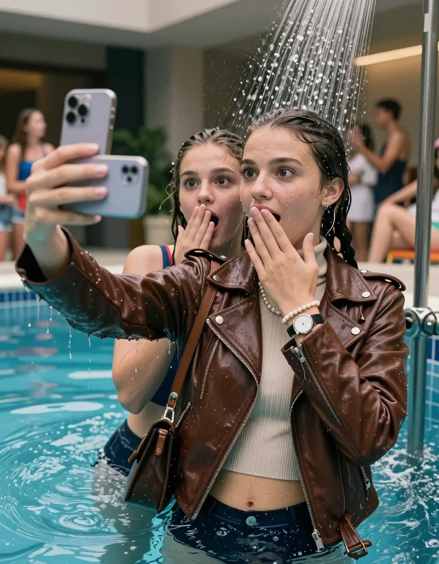 photo of young woman, in soaking wet, drenched clothes,
, , Biker leatherjacket, Tight knit turtleneck sweater belly free, handbag, pearl necklace, bracelet, wristwatch, Under the pool shower, strong jet of water, indoor swimming pool, pool party, shocked friends watching her from the edge, 
enjoying, wet clothes stuck to body,
detailed textures of the wet clothes, wet face, wet plastered hair,
wet, drenched, professional, high-quality details, full body view.
sharp focus, ultra-high pixel detail, realistic, high-quality, full colors, incredibly detailed, 4k, 8k, 16k, hyper-realistic, RAW photo, masterpiece, ultra-detailed, professionally color graded, professional photograph, sleek long twisted ponytail

Two 15 years old  teenage girl

Only head and shoulders are over the surface visible. Open mouth, big eyes. Looking at camera. Hold her hand on her mouth. take a selfie with her smartphone.

The girls wear different clothes.

she is completely underwater up to her neck, surprised and astonished expression. 

her submerged clothes are hardly vusible under water, she soaked her handbag into the water

close up view, wet skin, wet clothes, wet hair, damp fabric, water runs down the clothes, wet skin, wet clothes, damp fabric., wet skin, wet clothes, damp fabric, wet skin, wet clothes, damp fabric, wet skin, wet clothes, damp fabric, wet skin, wet clothes, damp fabric, wet skin, wet clothes, damp fabric, wet skin, wet clothes, damp fabric, wet skin, wet clothes, damp fabric, wet skin, wet clothes, damp fabric, wet skin, wet clothes, damp fabric
