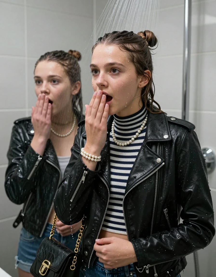 photo of young woman, in soaking wet, drenched clothes,
, , Biker leatherjacket, Tight Striped knit turtleneck sweater belly free, handbag, pearl necklace, bracelet, wristwatch, Under the shower, strong jet of water, modern mirrored bathroom, 
enjoying, wet clothes stuck to body,
detailed textures of the wet clothes, wet face, wet plastered hair,
wet, drenched, professional, high-quality details, full body view.
sharp focus, ultra-high pixel detail, realistic, high-quality, full colors, incredibly detailed, 4k, 8k, 16k, hyper-realistic, RAW photo, masterpiece, ultra-detailed, professionally color graded, professional photograph, Topknot

Two 15 years old  teenage girl

Only head and shoulders are over the surface visible. Open mouth, big eyes. Looking slightly away. Hold a hand on her mouth.

she is completely underwater up to her neck, surprised and astonished expression. 

her submerged clothes are hardly vusible under water, she soaked her handbag into the water

close up view, wet skin, wet clothes, wet hair, damp fabric, water runs down the clothes, wet skin, wet clothes, damp fabric., wet skin, wet clothes, damp fabric, wet skin, wet clothes, damp fabric, wet skin, wet clothes, damp fabric, wet skin, wet clothes, damp fabric, wet skin, wet clothes, damp fabric, wet skin, wet clothes, damp fabric, wet skin, wet clothes, damp fabric, wet skin, wet clothes, damp fabric, wet skin, wet clothes, damp fabric