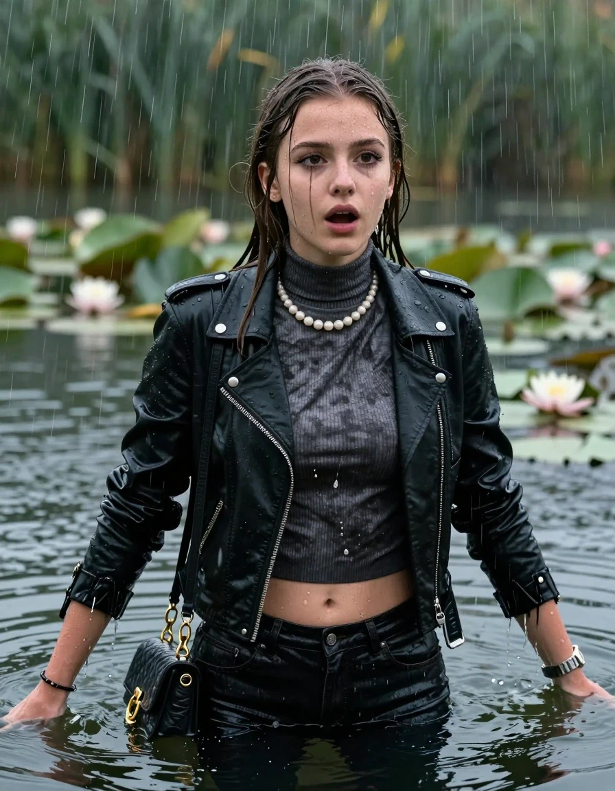 photo of young woman, in soaking wet, drenched clothes,
, skinny jeans, Black Biker leatherjacket, tight knit turtleneck sweater belly free, handbag, pearl necklace, bracelet, wristwatch, drowning in a lake with water lilies and reeds, heavy rain falls directely on her heads, 
enjoying, wet clothes stuck to body,
detailed textures of the wet clothes, wet face, wet plastered hair,
wet, drenched, professional, high-quality details, full body view.
sharp focus, ultra-high pixel detail, realistic, high-quality, full colors, incredibly detailed, 4k, 8k, 16k, hyper-realistic, RAW photo, masterpiece, ultra-detailed, professionally color graded, professional photograph, sleek long straight hair

15 years old  teenage girls

Only head and shoulders are over the surface visible. Open mouth, big eyes. Eyeliner is running down the cheeks.

The girls wear different clothes.

she is completely underwater up to her neck, horny and astonished expression. 

her clothing is soaking wet and clinging tightly to her skin, showing heavy wet folds, darkened fabric texture, and deep water-saturated Patches, her clothes are heavy from the water, water runs from her body and her clothes in streams. A lot of water also runs out of her clothes. Her clothes are darkened by the water. Her submerged clothes are good visible under the water.  she soaked her handbag into the water.

close up view, wet skin, wet clothes, wet hair, damp fabric, water runs down the clothes, wet skin, wet clothes, damp fabric. cinematic medium shot, hyper-realistic wetness, high-contrast water sheen, sharp focus, 16k resolution, professional photography, realistic water physics., wet skin, wet clothes, damp fabric, wet skin, wet clothes, damp fabric, wet skin, wet clothes, damp fabric
