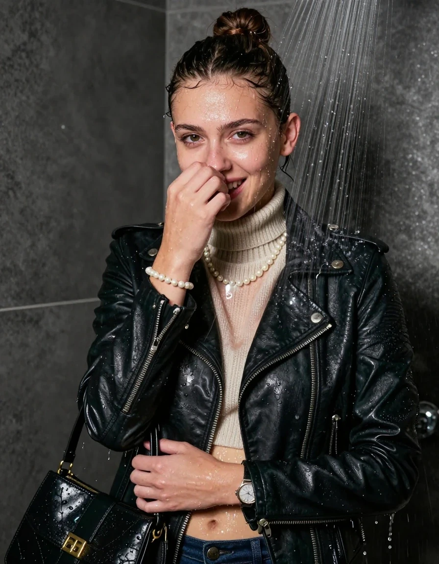 photo of young woman, in soaking wet, drenched clothes,
, , Biker leatherjacket, knit turtleneck sweater belly free, handbag, pearl necklace, bracelet, wristwatch, Under the shower, strong jet of water, party room, 
enjoying, wet clothes stuck to body,
detailed textures of the wet clothes, wet face, wet plastered hair,
wet, drenched, professional, high-quality details, full body view.
sharp focus, ultra-high pixel detail, realistic, high-quality, full colors, incredibly detailed, 4k, 8k, 16k, hyper-realistic, RAW photo, masterpiece, ultra-detailed, professionally color graded, professional photograph, topknot

 15 years old  teenage girl

Only head and shoulders are over the surface visible. Looking at camera. Hold her hand in front of her nose.

The girls wear different clothes.

she is completely underwater up to her neck, happy worried and embarrassed expression. 

her clothing is soaking wet and clinging tightly to her skin, showing heavy wet folds, darkened fabric texture, and deep water-saturated Patches, her clothes are heavy from the water, water runs from her body and her clothes in streams. A lot of water also runs out of her clothes. Her clothes are darkened by the water. Her submerged clothes are good visible under the water.  she soaked her handbag into the water.

close up view, wet skin, wet clothes, wet hair, damp fabric, water runs down the clothes, wet skin, wet clothes, damp fabric. cinematic medium shot, hyper-realistic wetness, high-contrast water sheen, sharp focus, 16k resolution, professional photography, realistic water physics., wet skin, wet clothes, damp fabric, wet skin, wet clothes, damp fabric, wet skin, wet clothes, damp fabric