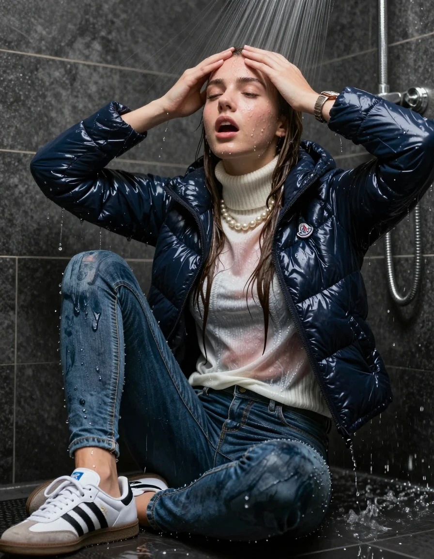 photo of young woman, in soaking wet, drenched clothes,
White sneakers Adidas Samba black striped, Tight Skinny jeans, Moncler shiny puffer down jacket , white knit turtleneck sweater, handbag, pearl necklace, bracelet, wristwatch, Under the shower, strong jet of water, party room, 
enjoying, wet clothes stuck to body,
detailed textures of the wet clothes, wet face, wet plastered hair,
wet, drenched, professional, high-quality details, full body view.
sharp focus, ultra-high pixel detail, realistic, high-quality, full colors, incredibly detailed, 4k, 8k, 16k, hyper-realistic, RAW photo, masterpiece, ultra-detailed, professionally color graded, professional photograph, sleek long straight hair, wer plastered hair

 15-years-old teenage girl

Only head and shoulders are over the surface visible. Open mouth, closed eyes. Looking up. Hold her hands on her forehead.

The girls wear different clothes.

she is completely underwater up to her neck, surprised and astonished expression. 

her clothing is soaking wet and clinging tightly to her skin, showing heavy wet folds, darkened fabric texture, and deep water-saturated Patches, her clothes are heavy from the water, water runs from her body and her clothes in streams. A lot of water also runs out of her clothes. Her clothes are darkened by the water. Her submerged clothes are good visible under the water.  she soaked her handbag into the water.

close up view, wet skin, wet clothes, wet hair, damp fabric, water runs down the clothes, wet skin, wet clothes, damp fabric. cinematic medium shot, hyper-realistic wetness, high-contrast water sheen, sharp focus, 16k resolution, professional photography, realistic water physics., wet skin, wet clothes, damp fabric, wet skin, wet clothes, damp fabric, wet skin, wet clothes, damp fabric