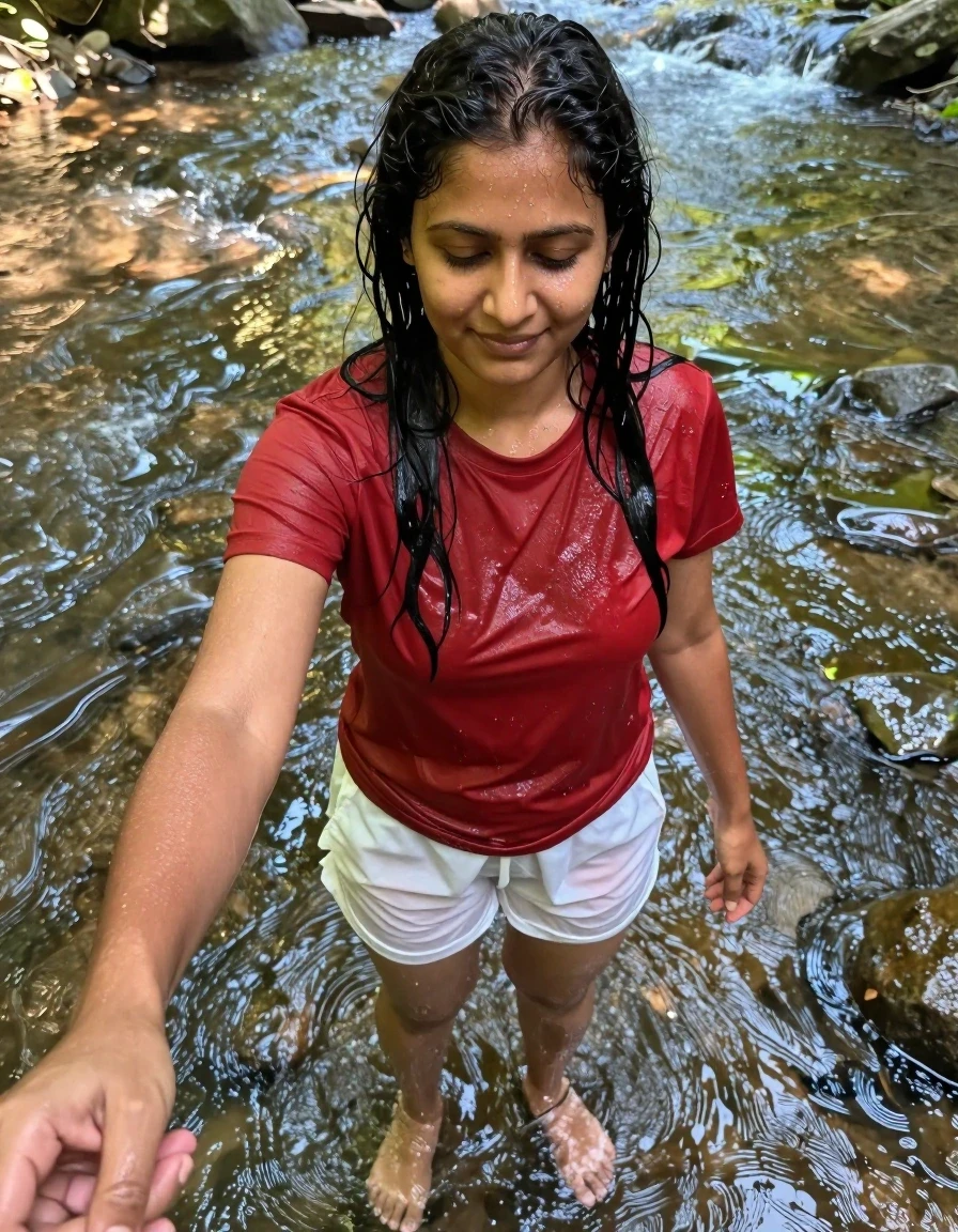 A 25-year-old Indian-American woman with long black hair, her hair soaked and dripping, water beading on her forehead and skin, standing waist-deep in a clear, fast-moving river. She is wearing a red Uniqlo U cotton crewneck t-shirt that is visibly soaked, clinging to her skin with darker, water-saturated patches and heavy wet folds. She wears white Patagonia Baggies shorts, the fabric wet, translucent, and clinging to her legs. She is barefoot, with the river water swirling around her submerged legs. Her expression is peaceful and meditative, eyes half-closed with a soft smile. Shot from a first-person perspective, a phone video angle held in her own hand, looking downward to capture her torso, legs, and feet in the rushing water. Dappled forest sunlight filters through the trees, creating shimmering reflections and brilliant highlights on the wet water surface and her damp skin. High-fidelity textures, realistic wetness, water sheen, natural lighting, candid mobile phone footage aesthetic.