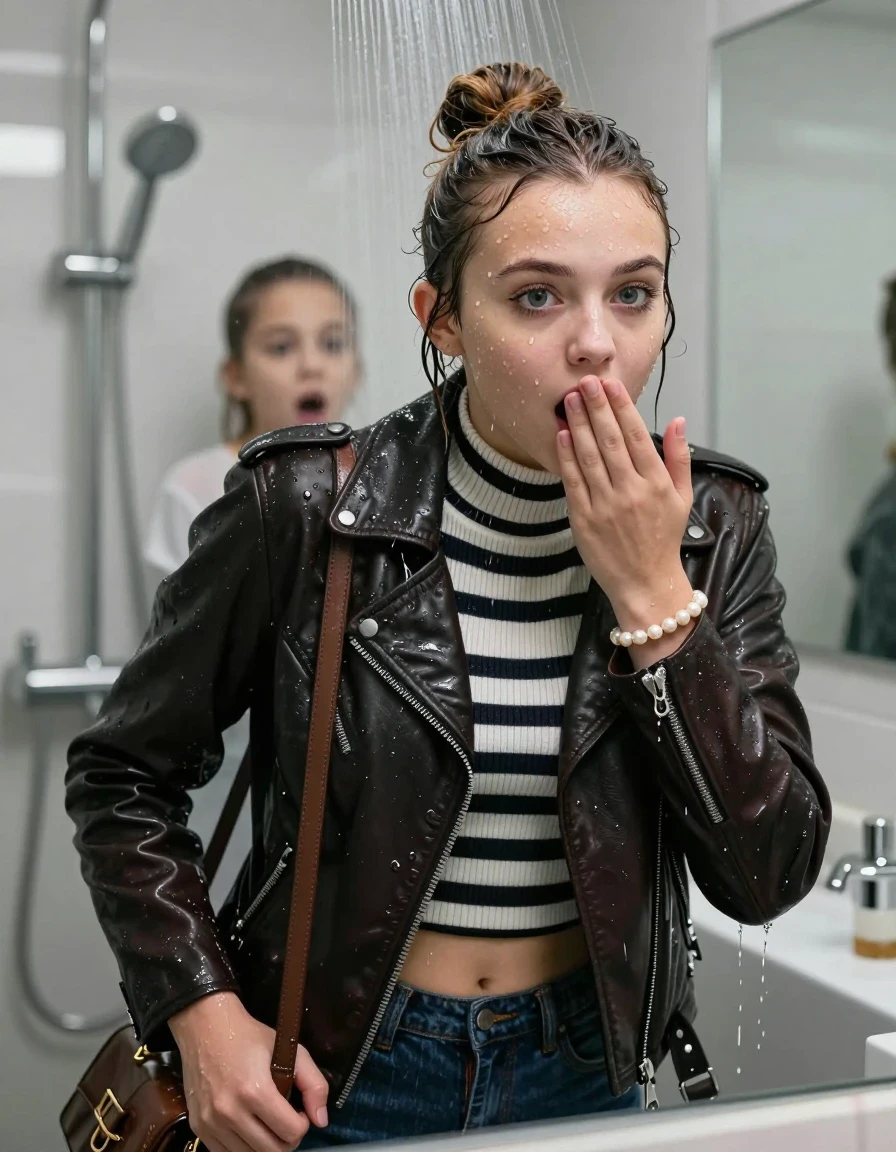 photo of young woman, in soaking wet, drenched clothes,
, , black Biker leatherjacket and brown biker leatherjacket, Tight Striped knit turtleneck sweater belly free, handbag, pearl necklace, bracelet, wristwatch, Under the shower, strong jet of water, modern mirrored bathroom, 
enjoying, wet clothes stuck to body,
detailed textures of the wet clothes, wet face, wet plastered hair,
wet, drenched, professional, high-quality details, full body view.
sharp focus, ultra-high pixel detail, realistic, high-quality, full colors, incredibly detailed, 4k, 8k, 16k, hyper-realistic, RAW photo, masterpiece, ultra-detailed, professionally color graded, professional photograph, Topknot

Two 15 years old  teenage girl

Only head and shoulders are over the surface visible. Open mouth, big eyes. Looking at camera. Hold a hand on her mouth.

she is completely underwater up to her neck, surprised and astonished expression. 

her submerged clothes are hardly vusible under water, she soaked her handbag into the water

close up view, wet skin, wet clothes, wet hair, damp fabric, water runs down the clothes, wet skin, wet clothes, damp fabric., wet skin, wet clothes, damp fabric, wet skin, wet clothes, damp fabric, wet skin, wet clothes, damp fabric, wet skin, wet clothes, damp fabric, wet skin, wet clothes, damp fabric, wet skin, wet clothes, damp fabric, wet skin, wet clothes, damp fabric, wet skin, wet clothes, damp fabric, wet skin, wet clothes, damp fabric