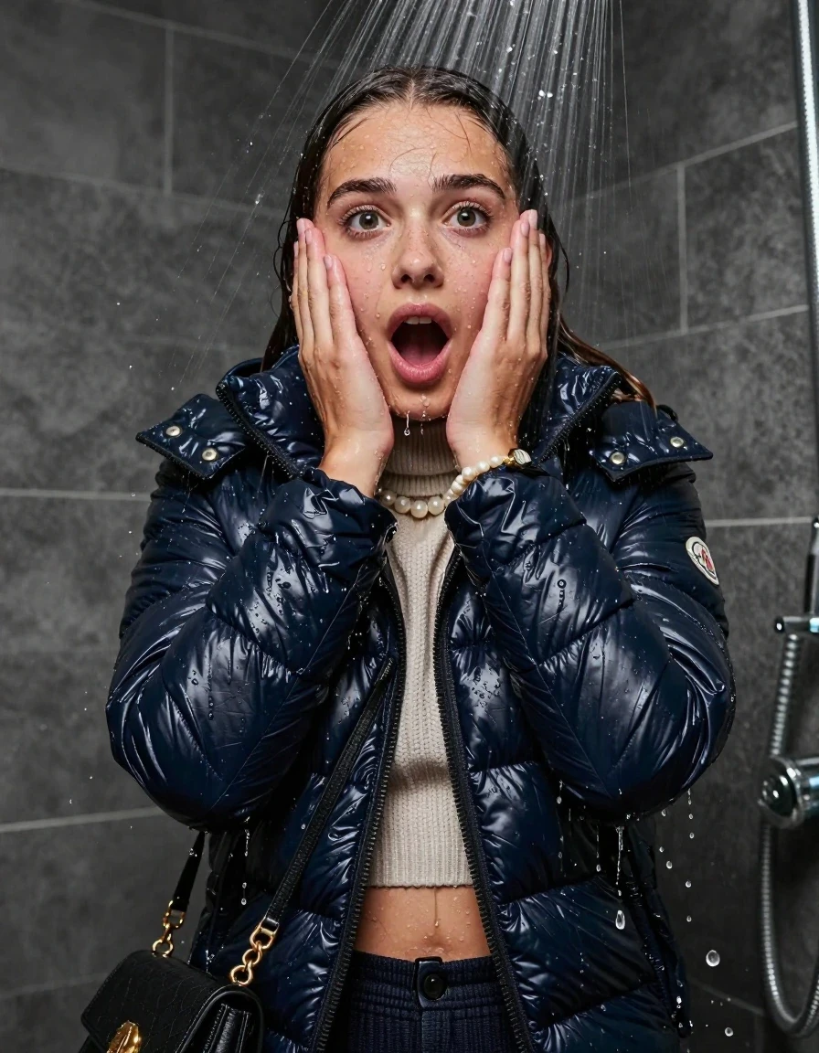 photo of young woman, in soaking wet, drenched clothes,
, , moncler shiny puffer down jacket, knit turtleneck sweater belly free, handbag, pearl necklace, bracelet, wristwatch, Under the shower, strong jet of water, party shower, 
enjoying, wet clothes stuck to body,
detailed textures of the wet clothes, wet face, wet plastered hair,
wet, drenched, professional, high-quality details, full body view.
sharp focus, ultra-high pixel detail, realistic, high-quality, full colors, incredibly detailed, 4k, 8k, 16k, hyper-realistic, RAW photo, masterpiece, ultra-detailed, professionally color graded, professional photograph, sleek long straight hair

 15 years old  teenage girl

Only head and shoulders are over the surface visible. Looking at camera. The water splashes directly into her face. Hold her hands over her face.  open mouth, big eyes.

The girls wear different clothes.

she is completely underwater up to her neck, shocked and embarrassed expression. 

her clothing is soaking wet and clinging tightly to her skin, showing heavy wet folds, darkened fabric texture, and deep water-saturated Patches, her clothes are heavy from the water, water runs from her body and her clothes in streams. A lot of water also runs out of her clothes. Her clothes are darkened by the water. Her submerged clothes are good visible under the water.  she soaked her handbag into the water.

close up view, wet skin, wet clothes, wet hair, damp fabric, water runs down the clothes, wet skin, wet clothes, damp fabric. cinematic medium shot, hyper-realistic wetness, high-contrast water sheen, sharp focus, 8k resolution, professional photography, realistic water physics., wet skin, wet clothes, damp fabric, wet skin, wet clothes, damp fabric, wet skin, wet clothes, damp fabric