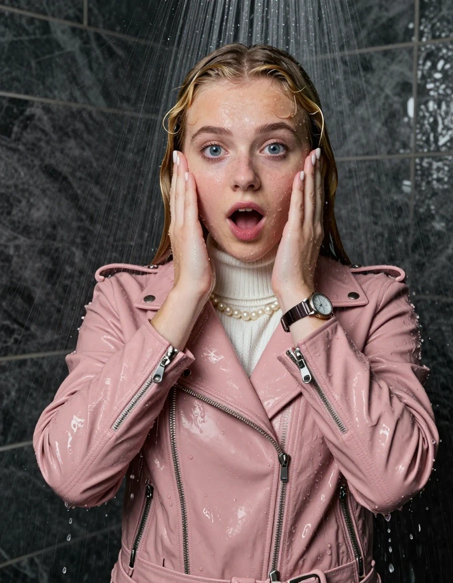 photo of young woman, in soaking wet, drenched clothes,
, , Light pink Biker leatherjacket, white knit turtleneck sweater, handbag, pearl necklace, bracelet, wristwatch, Under the shower, strong jet of water, party room, 
enjoying, wet clothes stuck to body,
detailed textures of the wet clothes, wet face, wet plastered hair,
wet, drenched, professional, high-quality details, full body view.
sharp focus, ultra-high pixel detail, realistic, high-quality, full colors, incredibly detailed, 4k, 8k, 16k, hyper-realistic, RAW photo, masterpiece, ultra-detailed, professionally color graded, professional photograph, Blonde sleek long straight hair

 15 years old  school girl

Only head and shoulders are over the surface visible. Open mouth, big eyes. Looking at camera. Hold her hands on her face.

The girls wear different clothes.

she is completely underwater up to her neck, surprised and astonished expression. 

her clothing is soaking wet and clinging tightly to her skin, showing heavy wet folds, darkened fabric texture, and deep water-saturated Patches, her clothes are heavy from the water, water runs from her body and her clothes in streams. A lot of water also runs out of her clothes. Her clothes are darkened by the water. Her submerged clothes are good visible under the water.  she soaked her handbag into the water.

close up view, wet skin, wet clothes, wet hair, damp fabric, water runs down the clothes, wet skin, wet clothes, damp fabric. cinematic medium shot, hyper-realistic wetness, high-contrast water sheen, sharp focus, 16k resolution, professional photography, realistic water physics., wet skin, wet clothes, damp fabric, wet skin, wet clothes, damp fabric, wet skin, wet clothes, damp fabric, wet skin, wet clothes, damp fabric
