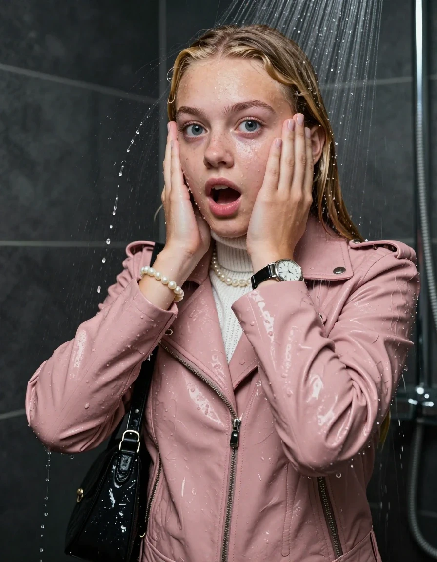 photo of young woman, in soaking wet, drenched clothes,
, , Light pink Biker leatherjacket, white knit turtleneck sweater, handbag, pearl necklace, bracelet, wristwatch, Masturbate Under the shower, strong jet of water, party room, 
enjoying, wet clothes stuck to body,
detailed textures of the wet clothes, wet face, wet plastered hair,
wet, drenched, professional, high-quality details, full body view.
sharp focus, ultra-high pixel detail, realistic, high-quality, full colors, incredibly detailed, 4k, 8k, 16k, hyper-realistic, RAW photo, masterpiece, ultra-detailed, professionally color graded, professional photograph, Blonde sleek long straight hair

 15 years old  school girl

Only head and shoulders are over the surface visible. Open mouth, big eyes. Looking at camera. Hold her hands on her face.

The girls wear different clothes.

she is completely underwater up to her neck, surprised and astonished expression. 

her clothing is soaking wet and clinging tightly to her skin, showing heavy wet folds, darkened fabric texture, and deep water-saturated Patches, her clothes are heavy from the water, water runs from her body and her clothes in streams. A lot of water also runs out of her clothes. Her clothes are darkened by the water. Her submerged clothes are good visible under the water.  she soaked her handbag into the water.

close up view, wet skin, wet clothes, wet hair, damp fabric, water runs down the clothes, wet skin, wet clothes, damp fabric. cinematic medium shot, hyper-realistic wetness, high-contrast water sheen, sharp focus, 16k resolution, professional photography, realistic water physics., wet skin, wet clothes, damp fabric, wet skin, wet clothes, damp fabric, wet skin, wet clothes, damp fabric, wet skin, wet clothes, damp fabric